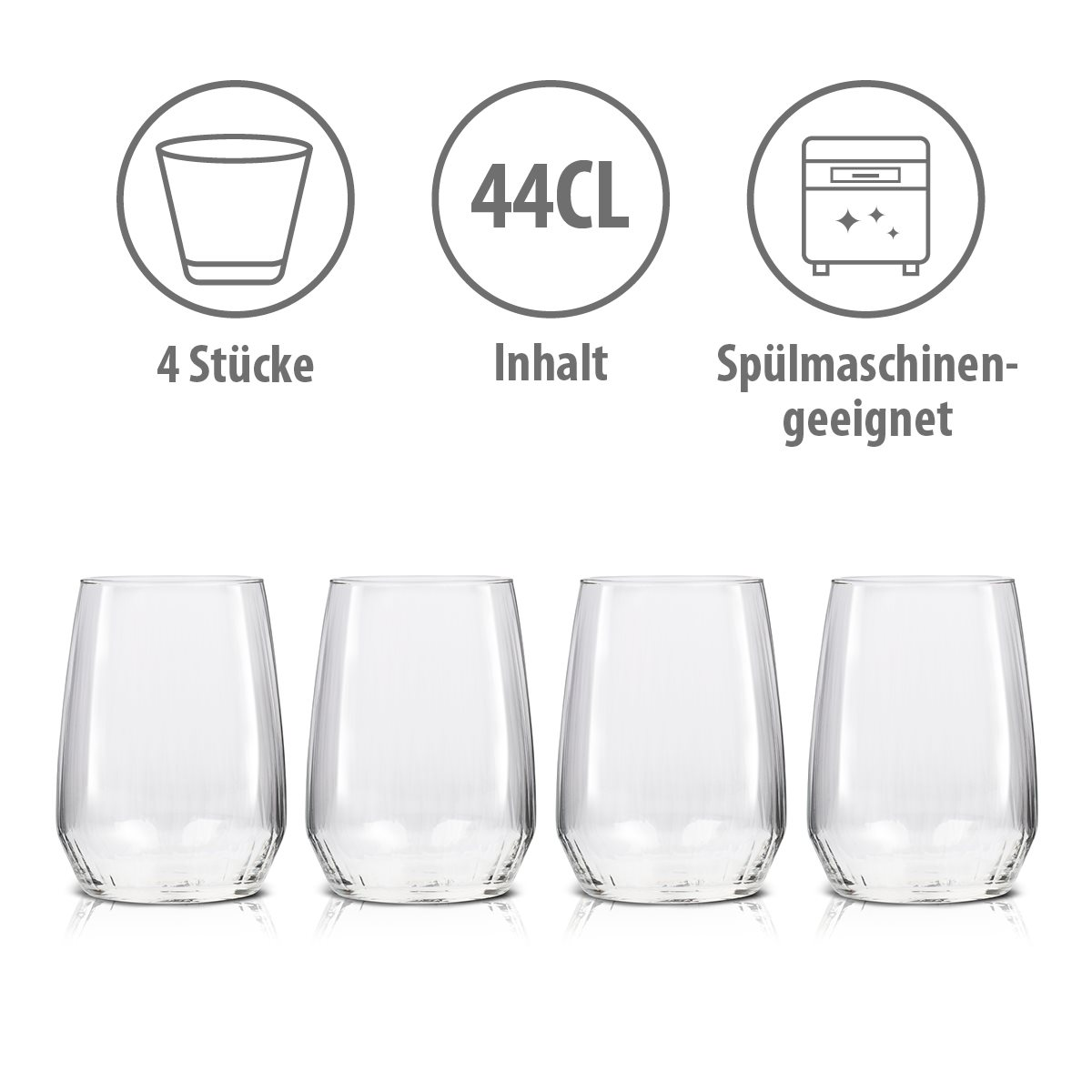 Four clear glasses. Above are icons: glass, 44 cl, dishwasher. Text: 4 pieces, content, dishwasher safe.