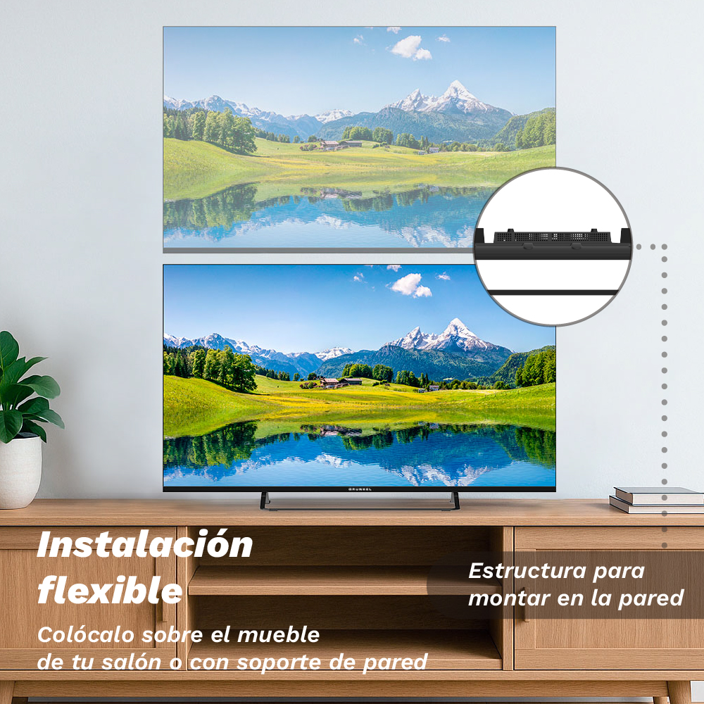 TV en soporte de madera, mostrando un paisaje. El texto promueve la instalación flexible, en muebles o en la pared.