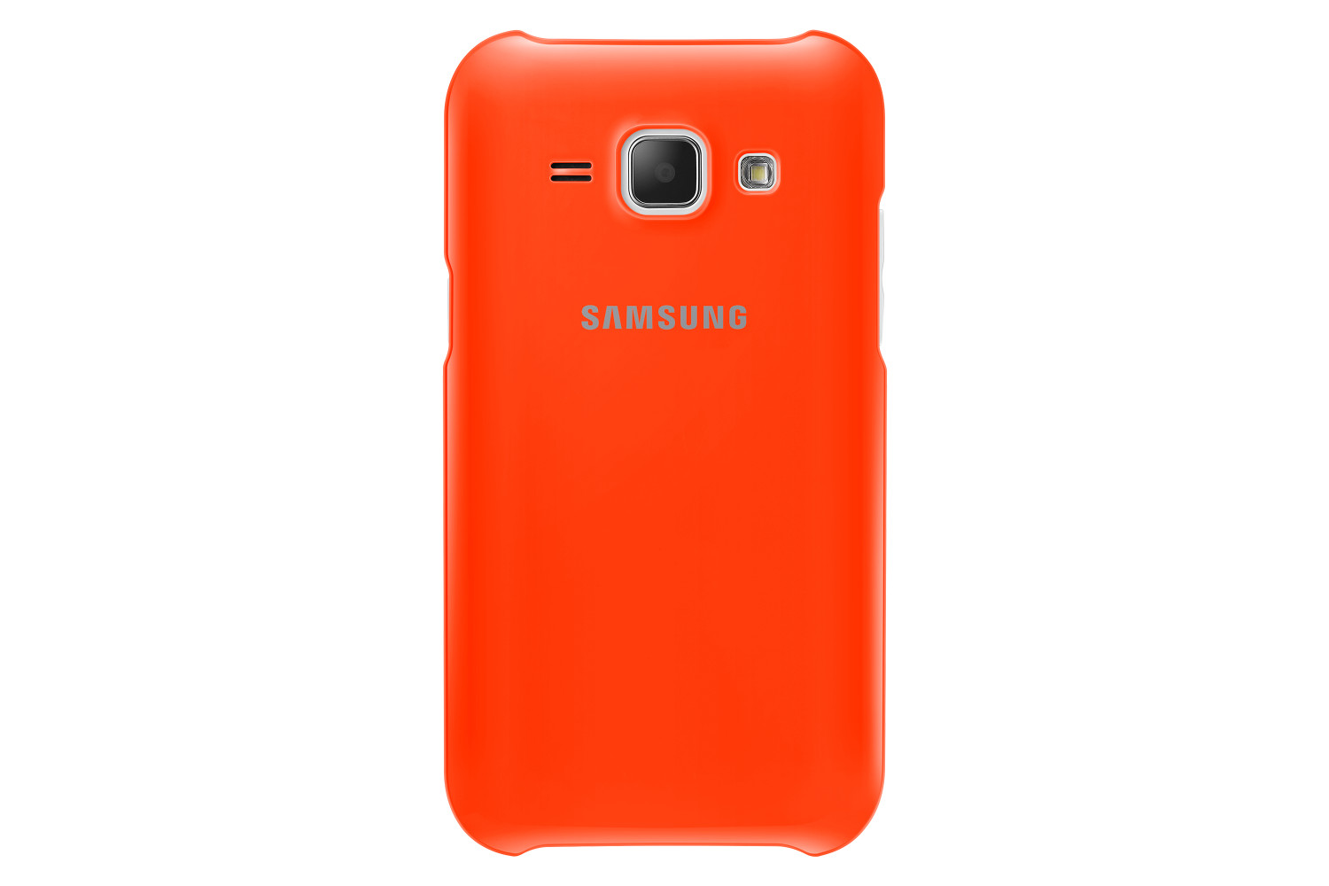 Un retro di telefono Samsung arancione. Ha una fotocamera, un flash e il logo Samsung. Lo sfondo è bianco.
