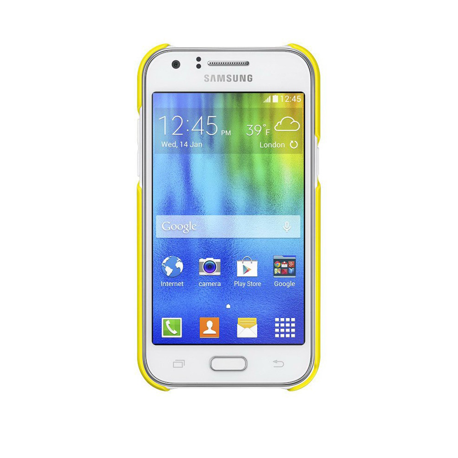 Un telefono Samsung bianco con custodia gialla. Lo schermo mostra ora, data, meteo e icone delle app.
