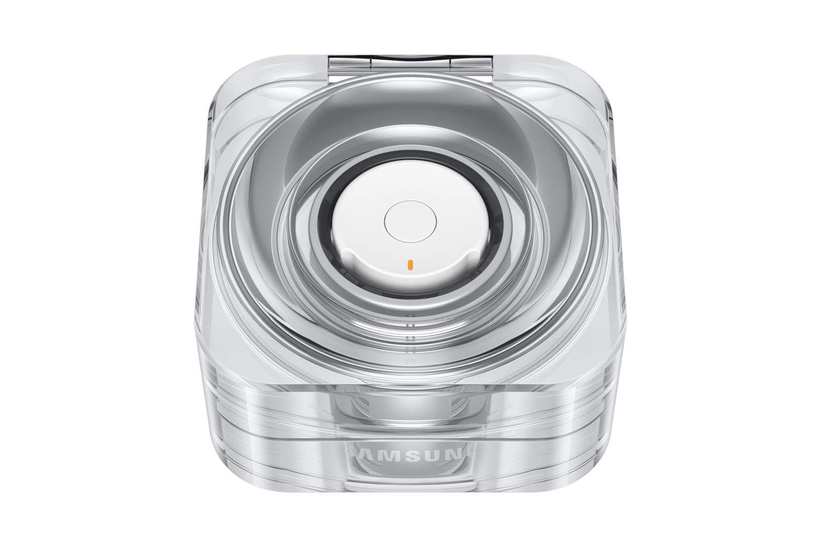 Eine transparente Samsung-Kopfhörerhülle mit weißem Innenraum und einer kleinen orangefarbenen Anzeige.