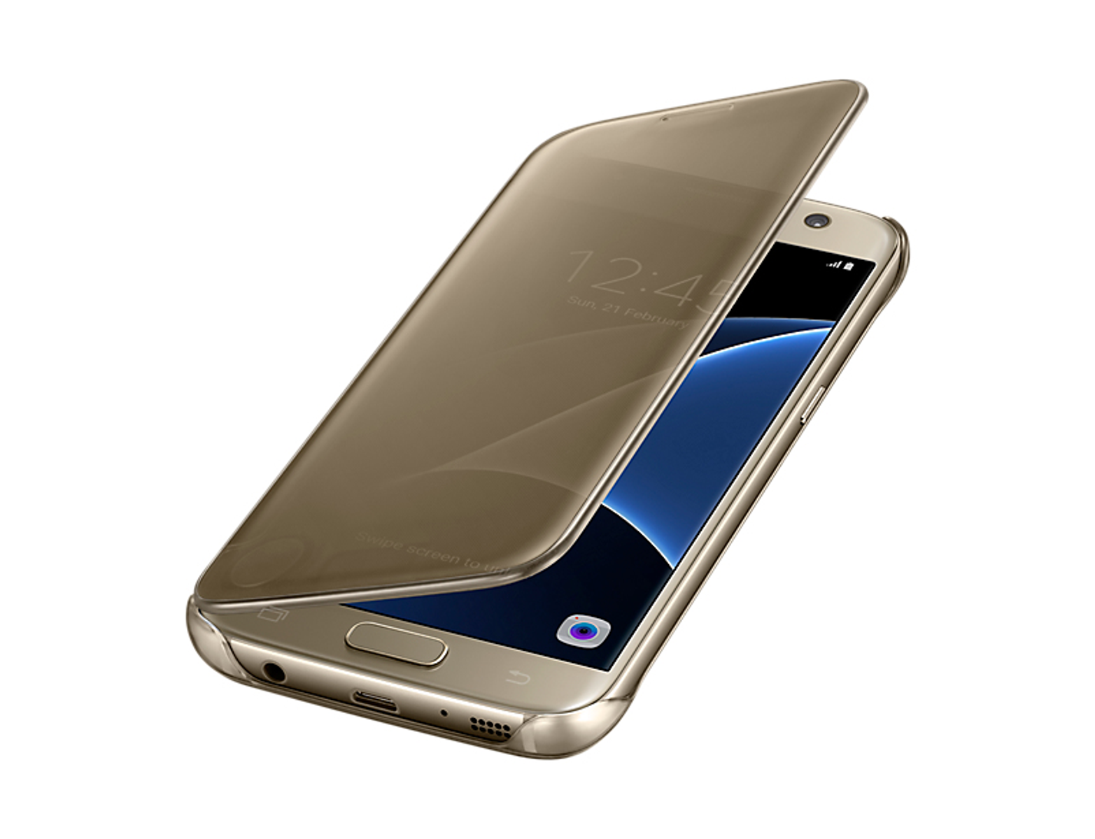 Goldenes Smartphone mit teilweise geöffneter Klapphülle. Der Bildschirm zeigt Uhrzeit und Datum. Der Bildschirm ist blau.
