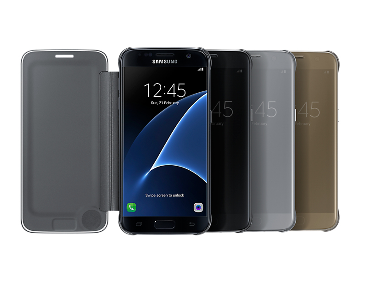 Vier Smartphones in verschiedenen Farben und Hüllen werden präsentiert. Die Bildschirme zeigen Uhrzeit und Datum.