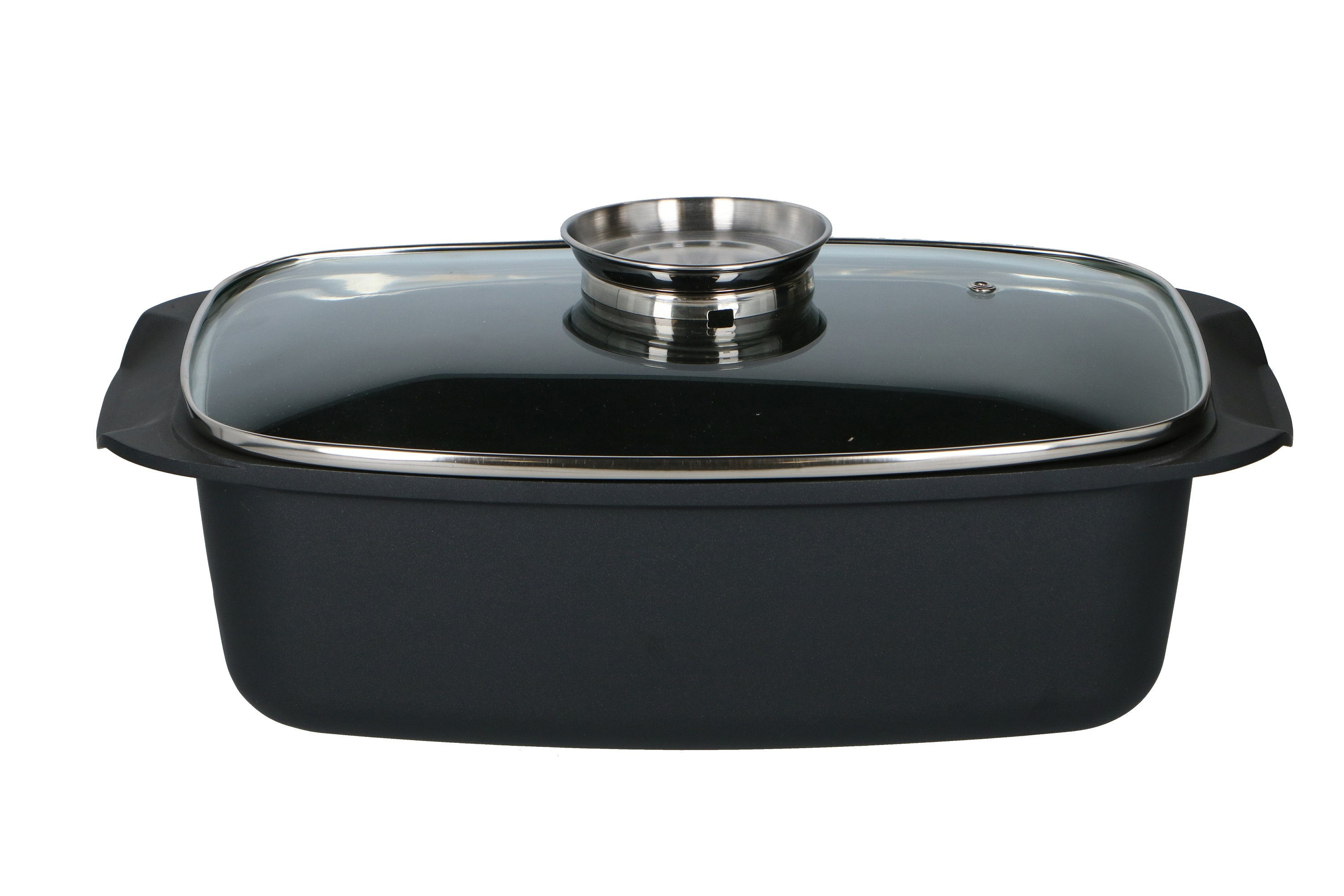 A black rectangular casserole dish with a clear glass lid and a stainless steel handle. Isolated on white.