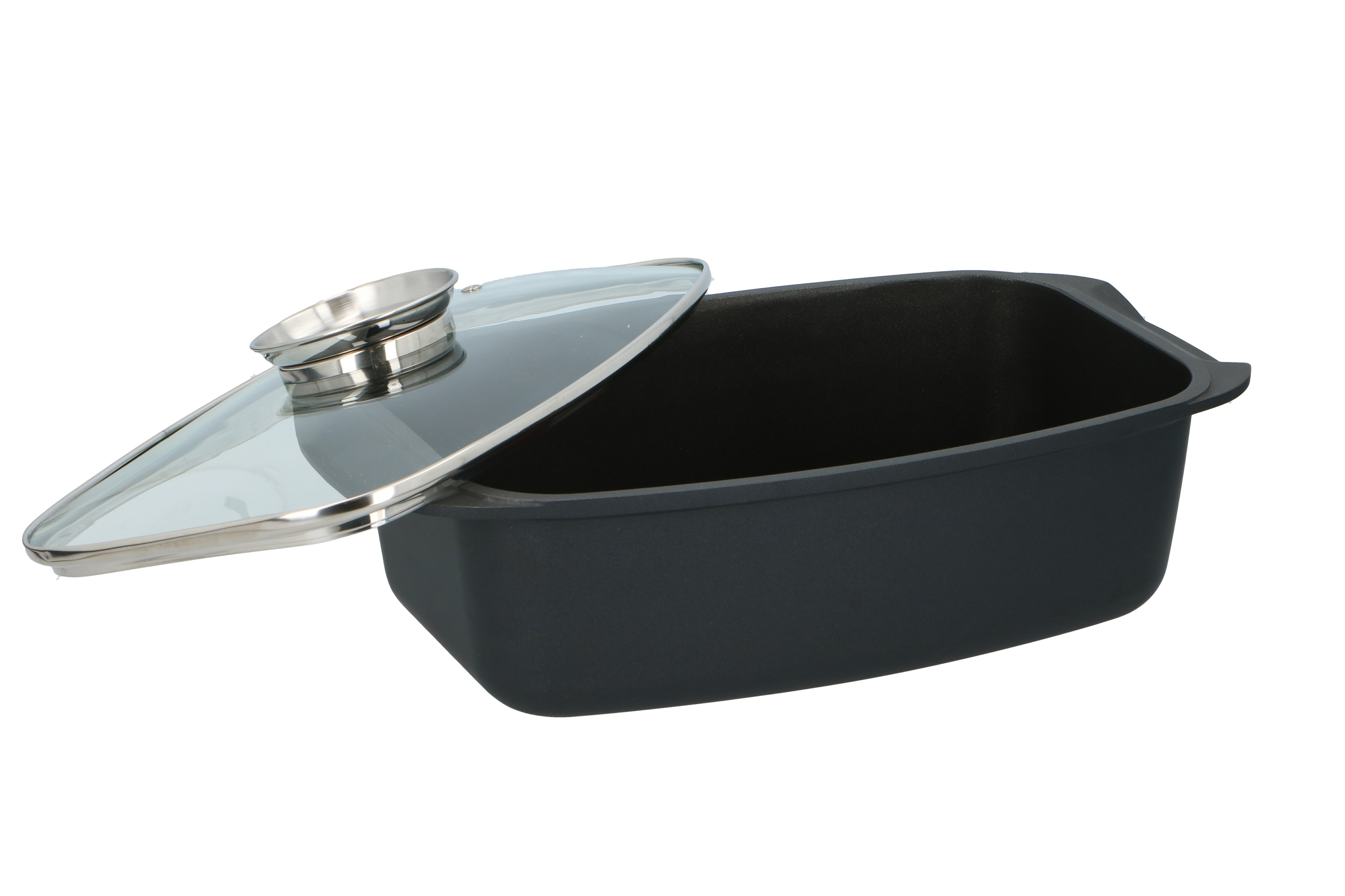 A dark gray rectangular baking dish with a glass lid, partly open, set against a white background.