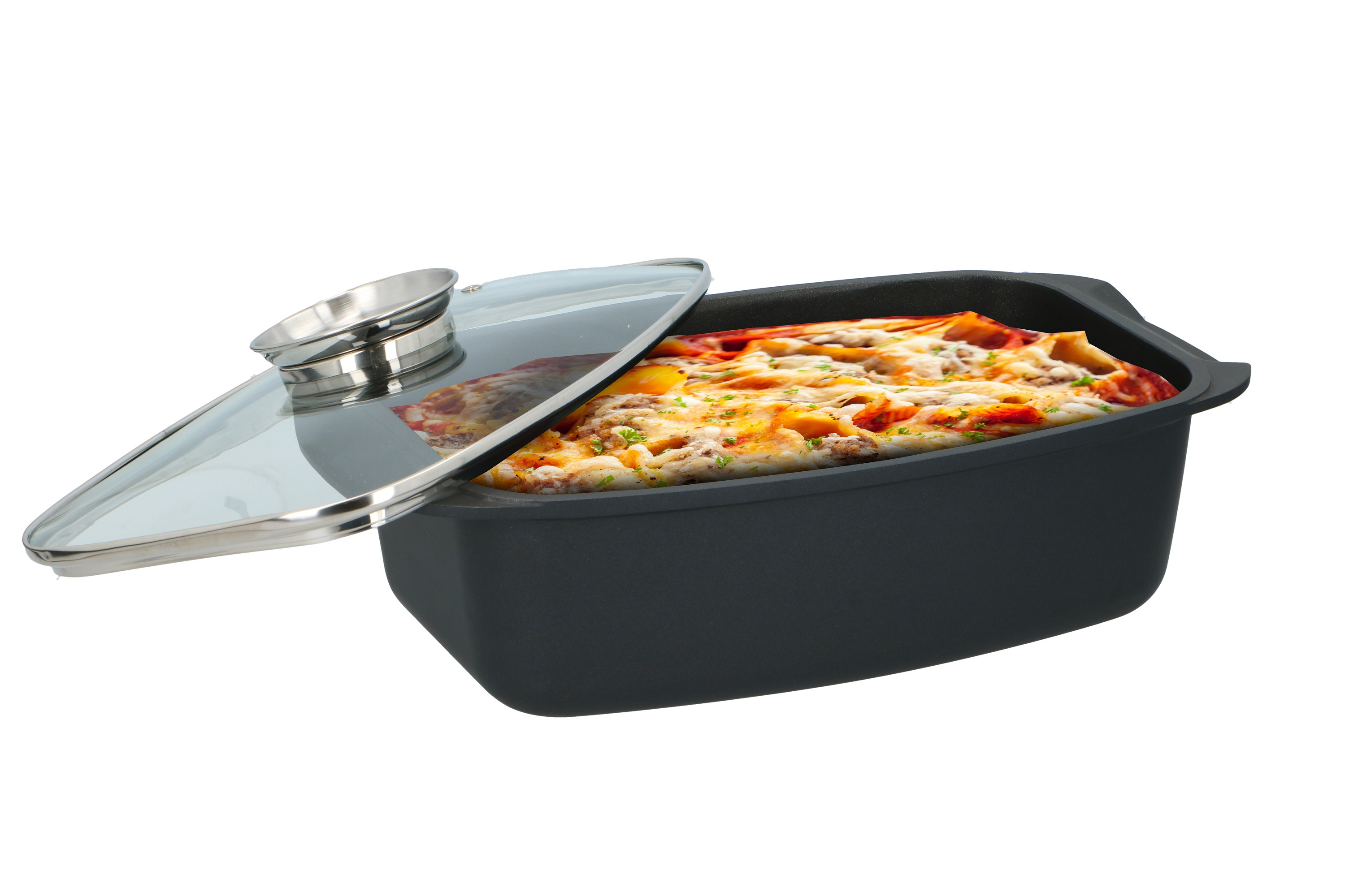 A rectangular baking dish with lasagna, partially covered by a glass lid, rests on a white background.