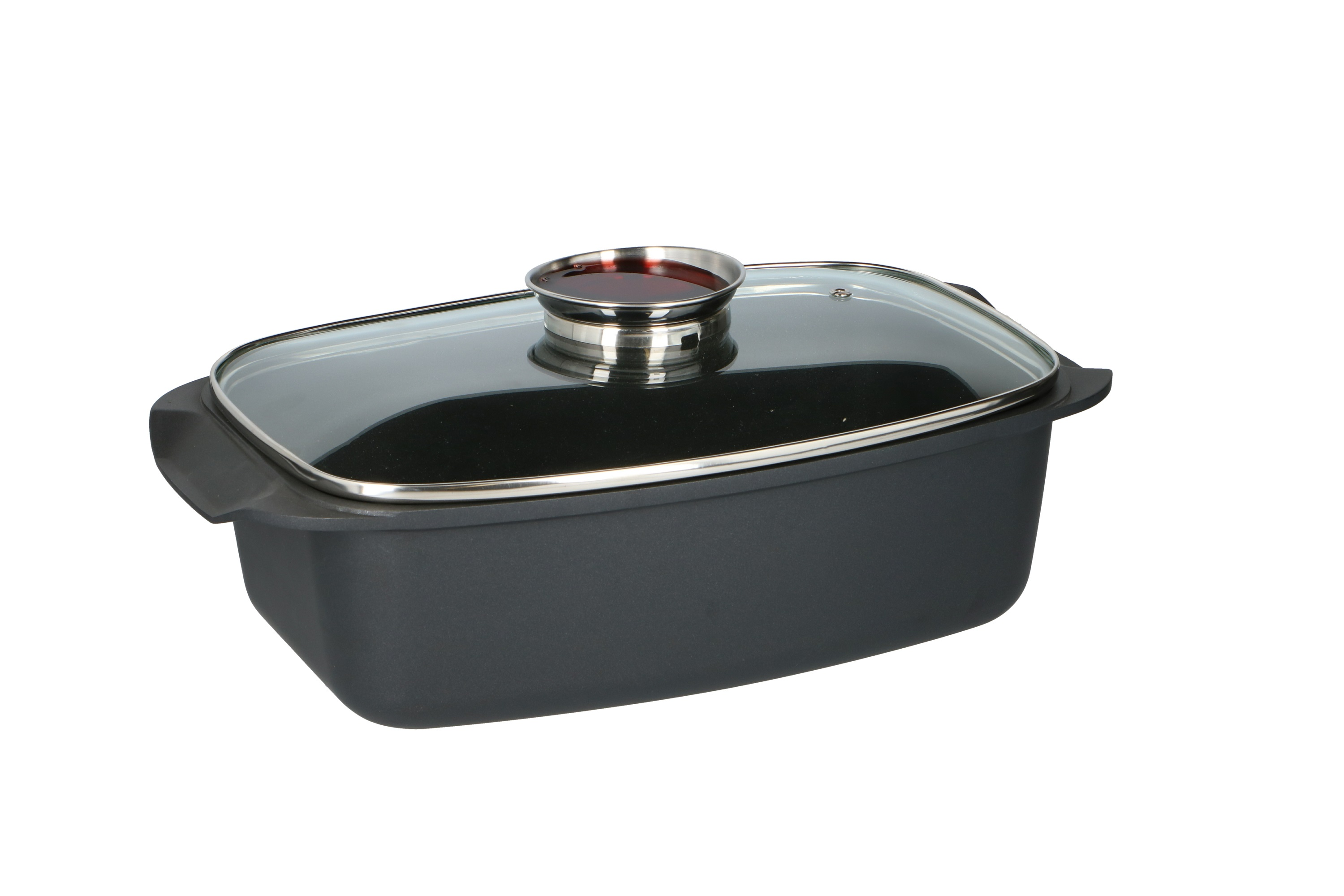 A dark gray rectangular pan with a glass lid. The lid has a silver rim and a small handle with a red substance.