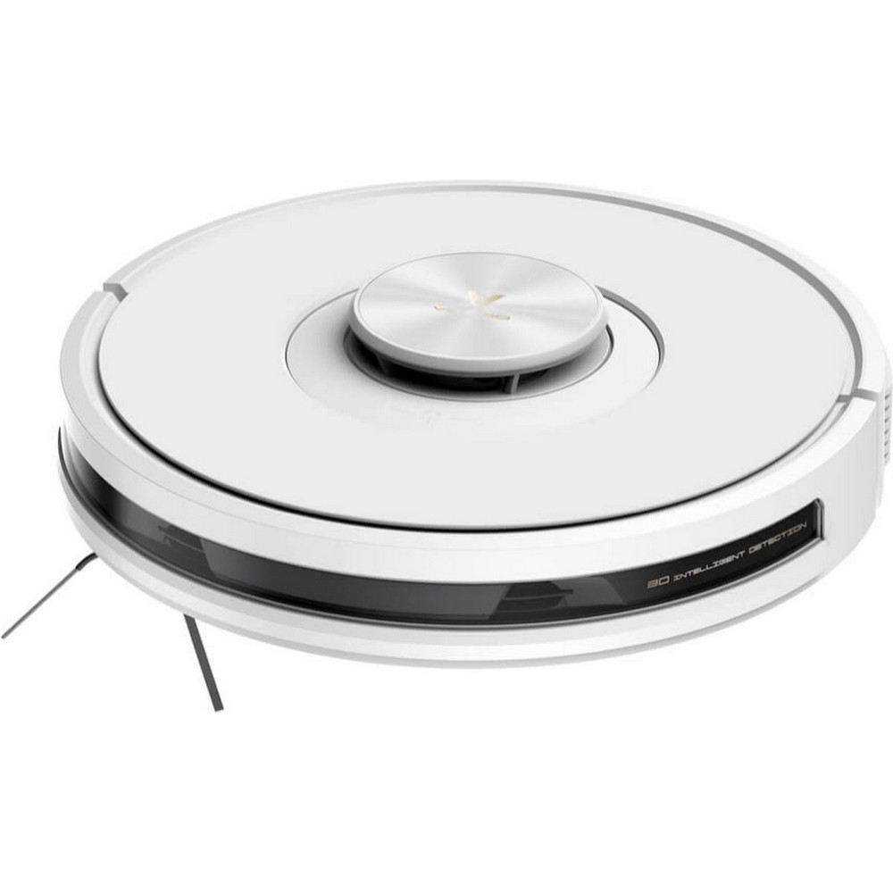 Beyaz ve gümüş renkli robot süpürge. Merkezde gümüş disk ve siyah bant bulunan dairesel bir tasarıma sahip.