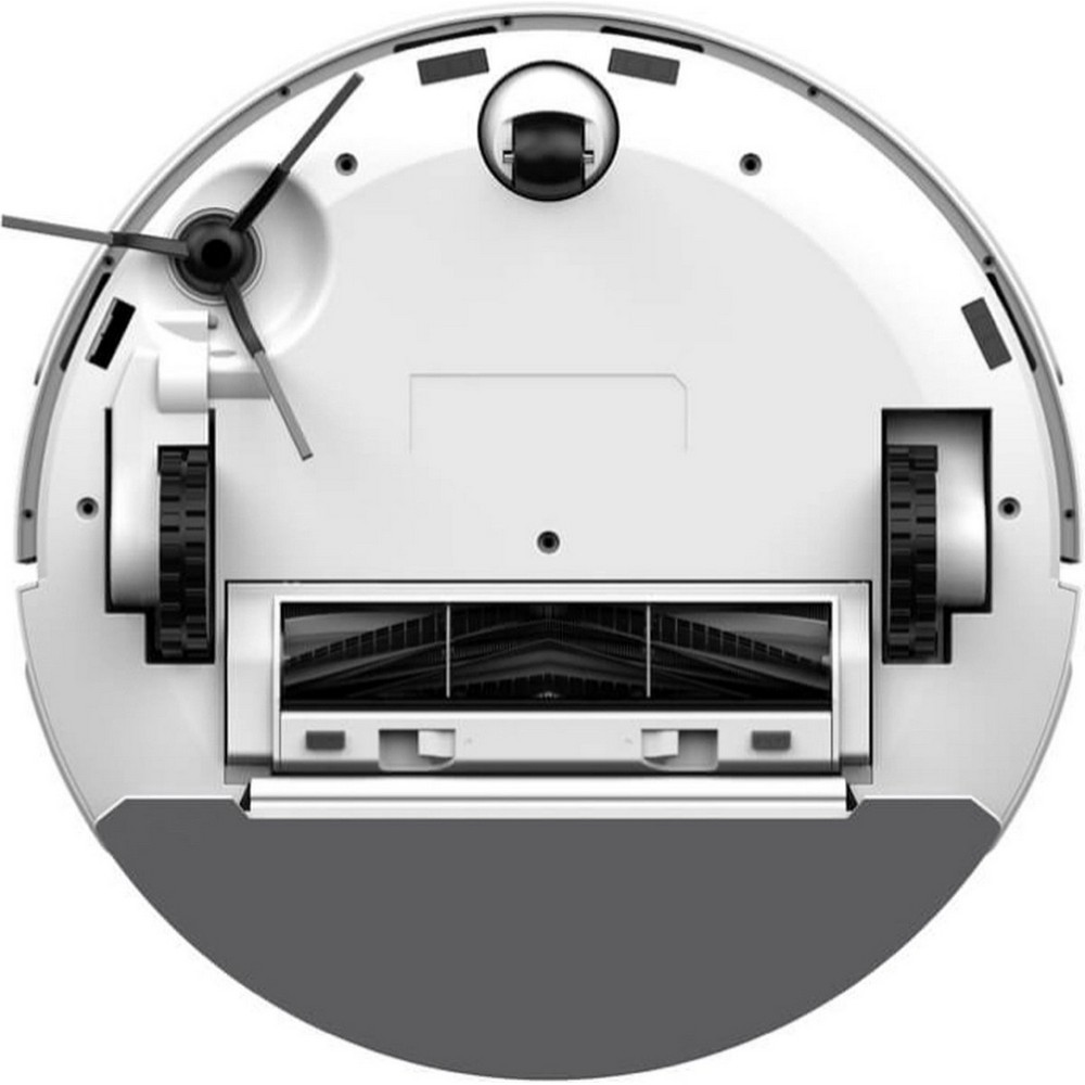 Beyaz ve siyah bir robot süpürge, alt görünüm. Fırçaları, tekerlekleri ve merkezi temizleme alanı var.