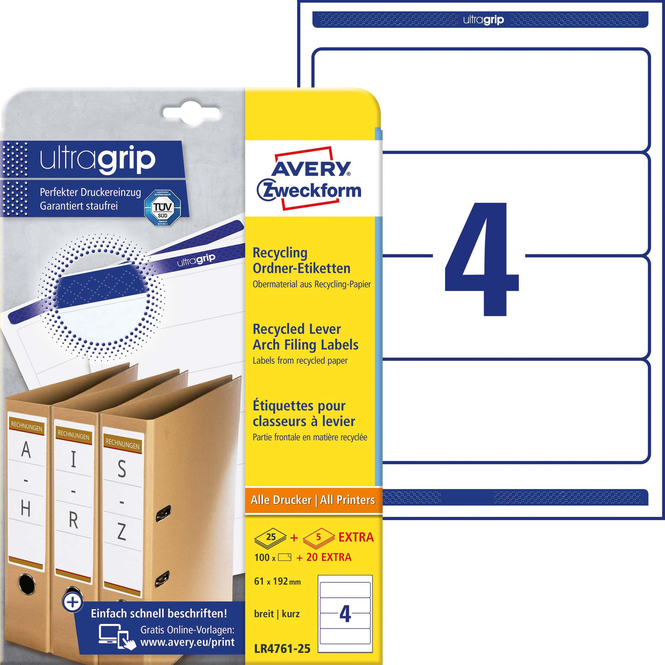 Eine Produktverpackung mit Etiketten, Ordnern und Text in mehreren Sprachen. Enthält die Marken Avery Zweckform und ultragrip.