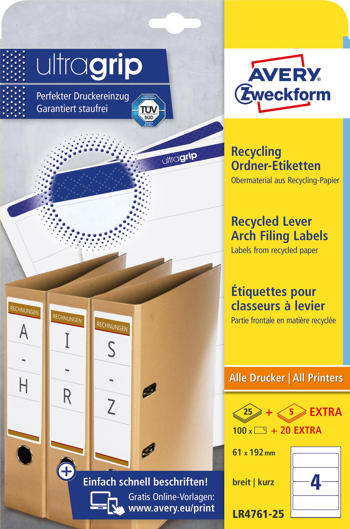 Das Bild zeigt Avery Zweckform Etiketten und Ordner. Text enthält 'Recycling', 'Etiketten' und Produktinformationen.