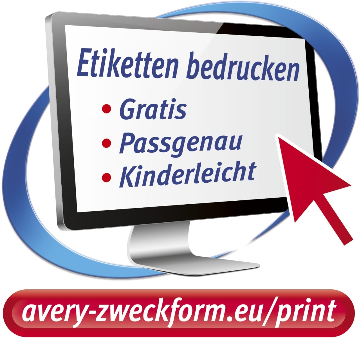Ein Computerbildschirm zeigt deutschen Text. Ein roter Pfeil zeigt auf den Bildschirm. Ein Banner unten hat eine Website-Adresse.