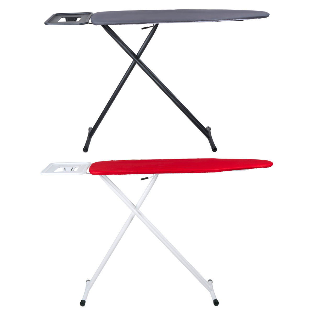 Twee strijkplanken. De bovenste heeft een grijze hoes en zwarte poten. De onderste heeft een rode hoes en witte poten.