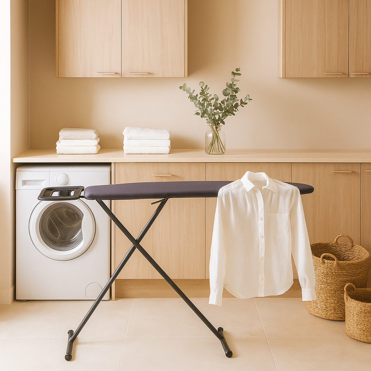 Wasruimte met wasmachine, strijkplank, wit overhemd, manden en houten kasten. Eucalyptus in een vaas.