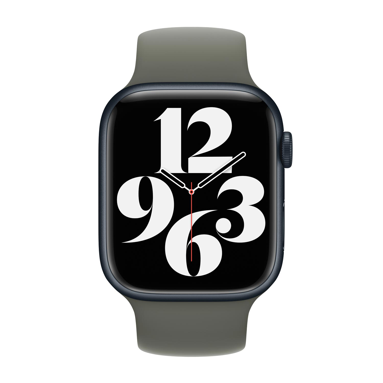 Un Apple Watch con schermo nero che mostra l'ora, numeri bianchi e cinturino grigio, isolato su sfondo bianco.