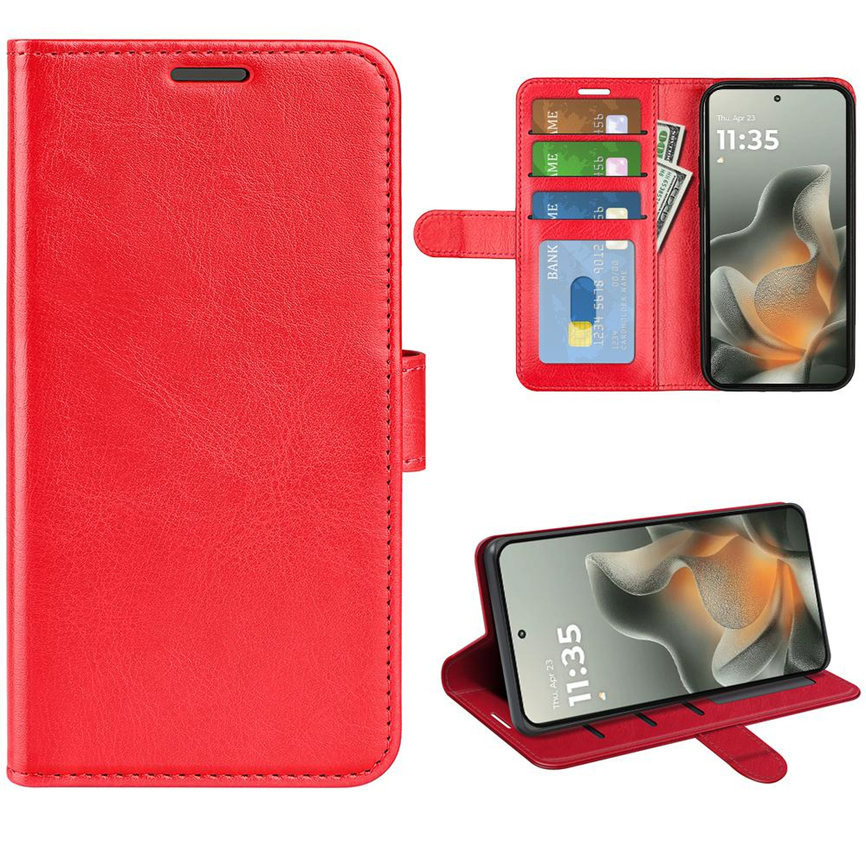 Rode telefoonhoes met telefoon en kaarten. Eén telefoon is opengeklapt, de andere gesloten.