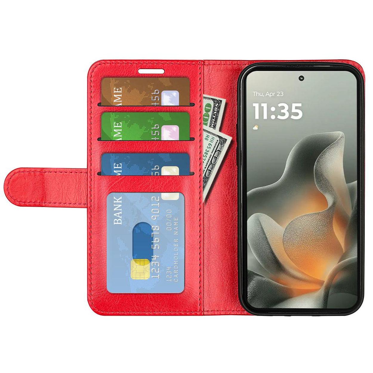 Een rode portemonnee-achtige telefoonhoes met creditcards en contant geld. De telefoon geeft de tijd 11:35 weer. De hoes is open en toont de binnenkant.