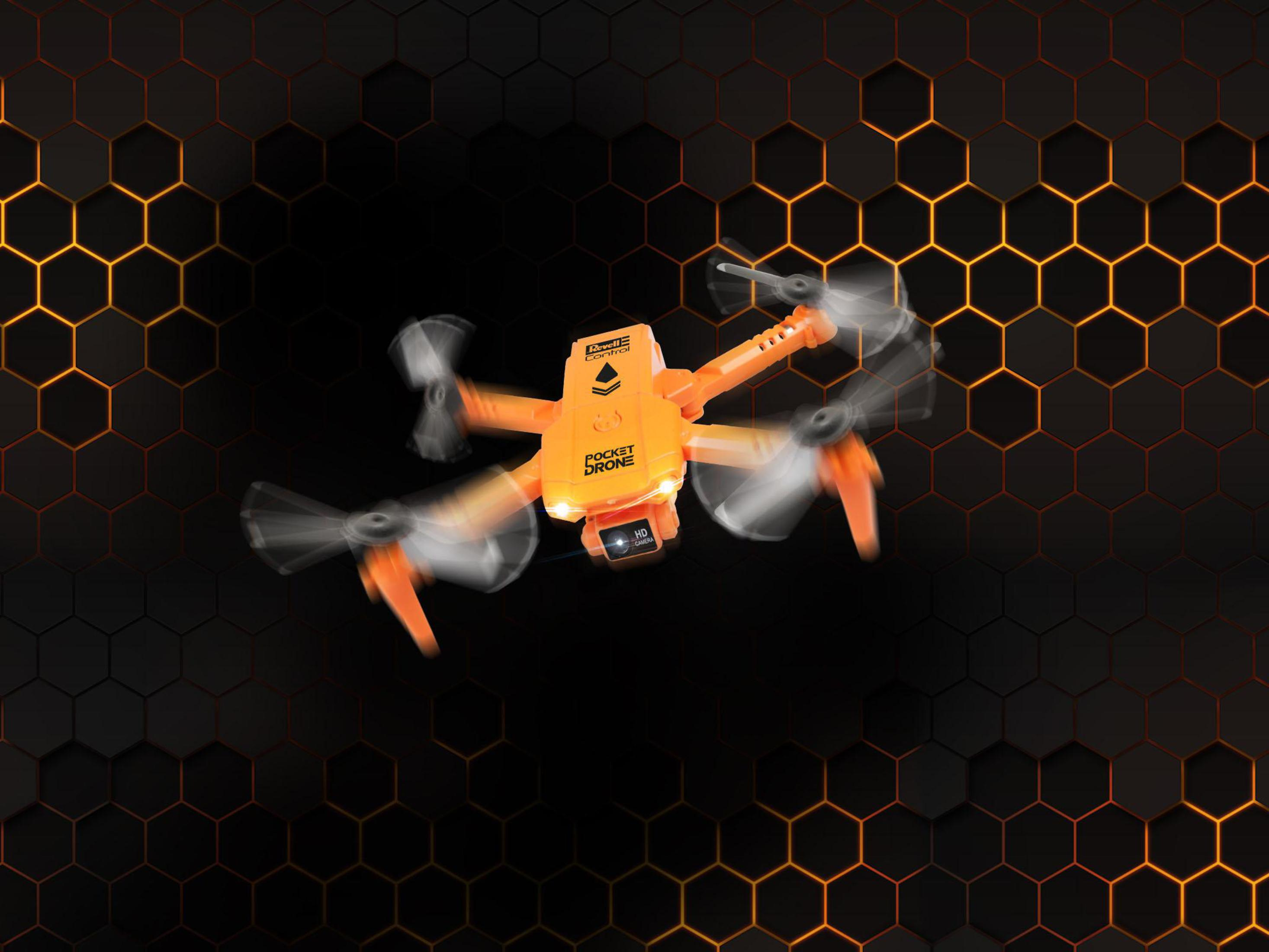Eine orangefarbene Drohne mit sich drehenden Propellern, die mit 'Pocket Drone' beschriftet ist, vor schwarzem Hintergrund.