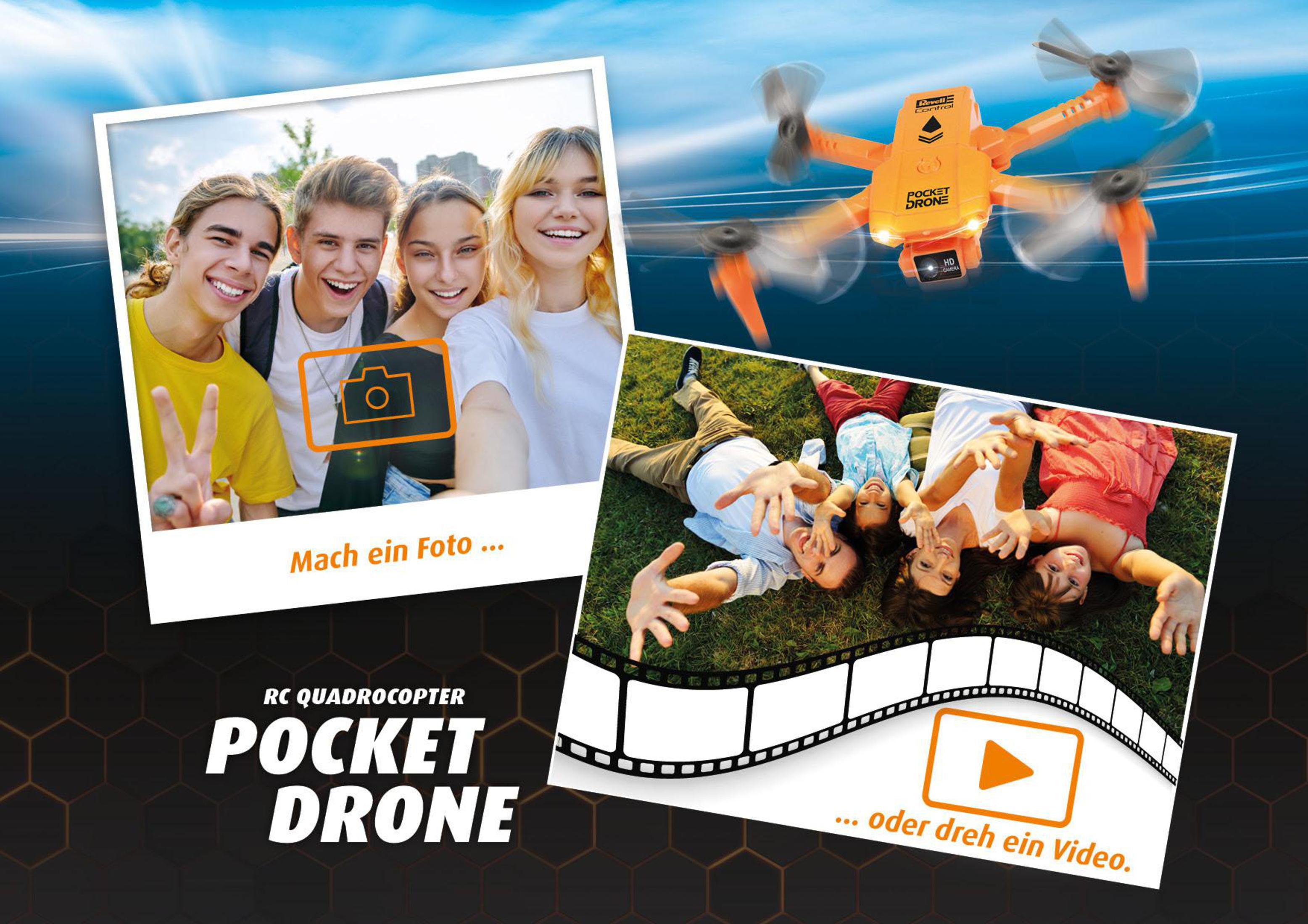 Bild mit Drohne, zwei Fotos von Menschen und Text: Pocket Drone. Menschen lächeln und machen Fotos.