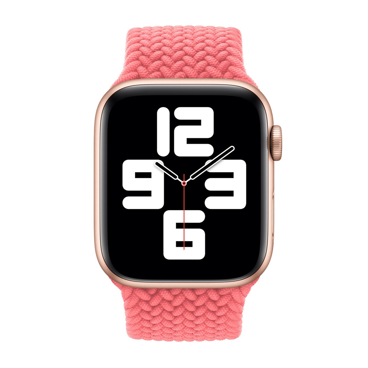 Un Apple Watch oro rosa con un cinturino solo loop intrecciato rosa. Il quadrante mostra l'ora, le 9:16. Numeri bianchi su schermo nero.