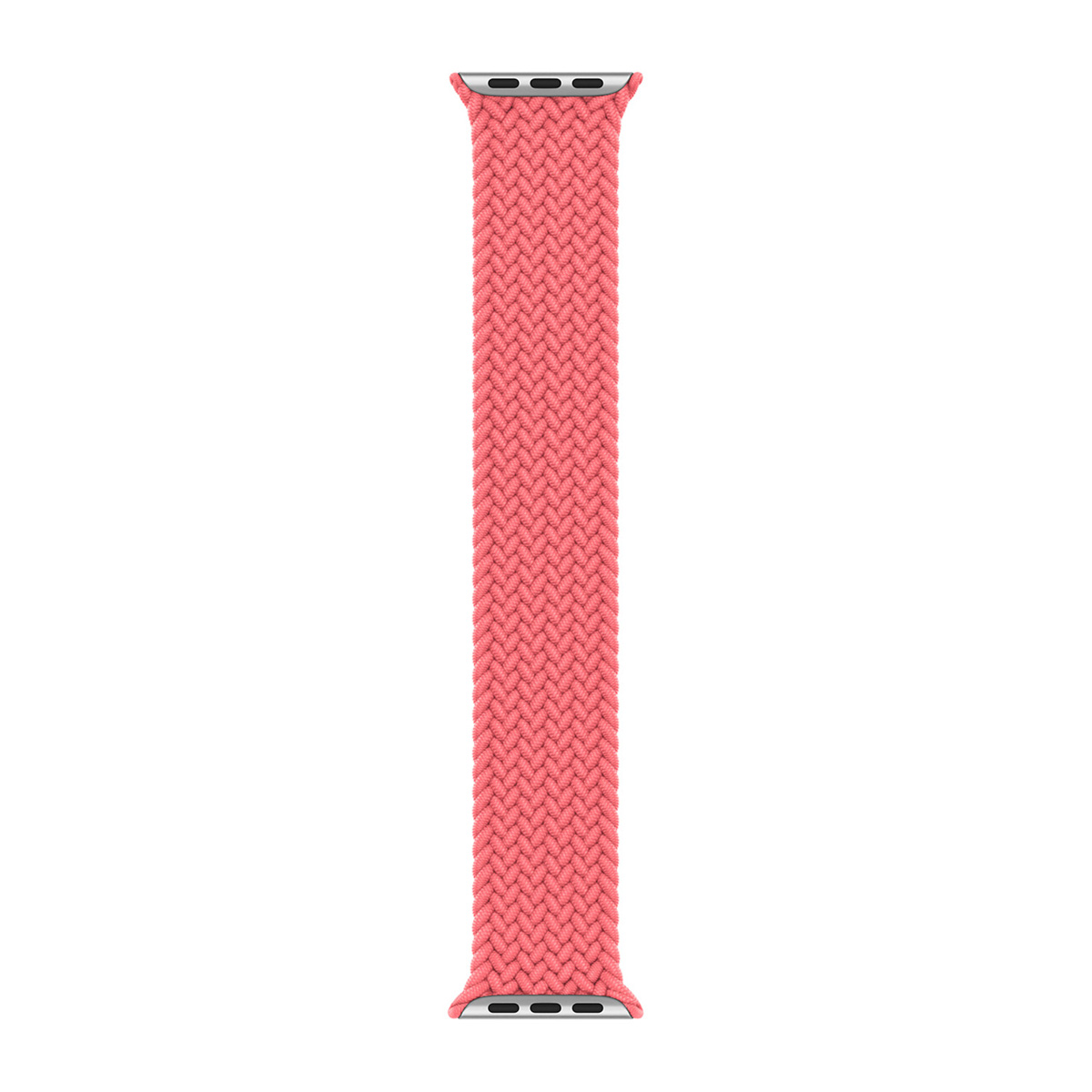 Un cinturino intrecciato per Apple Watch. Il cinturino è rosa corallo e ha connettori argentati. Sfondo bianco.
