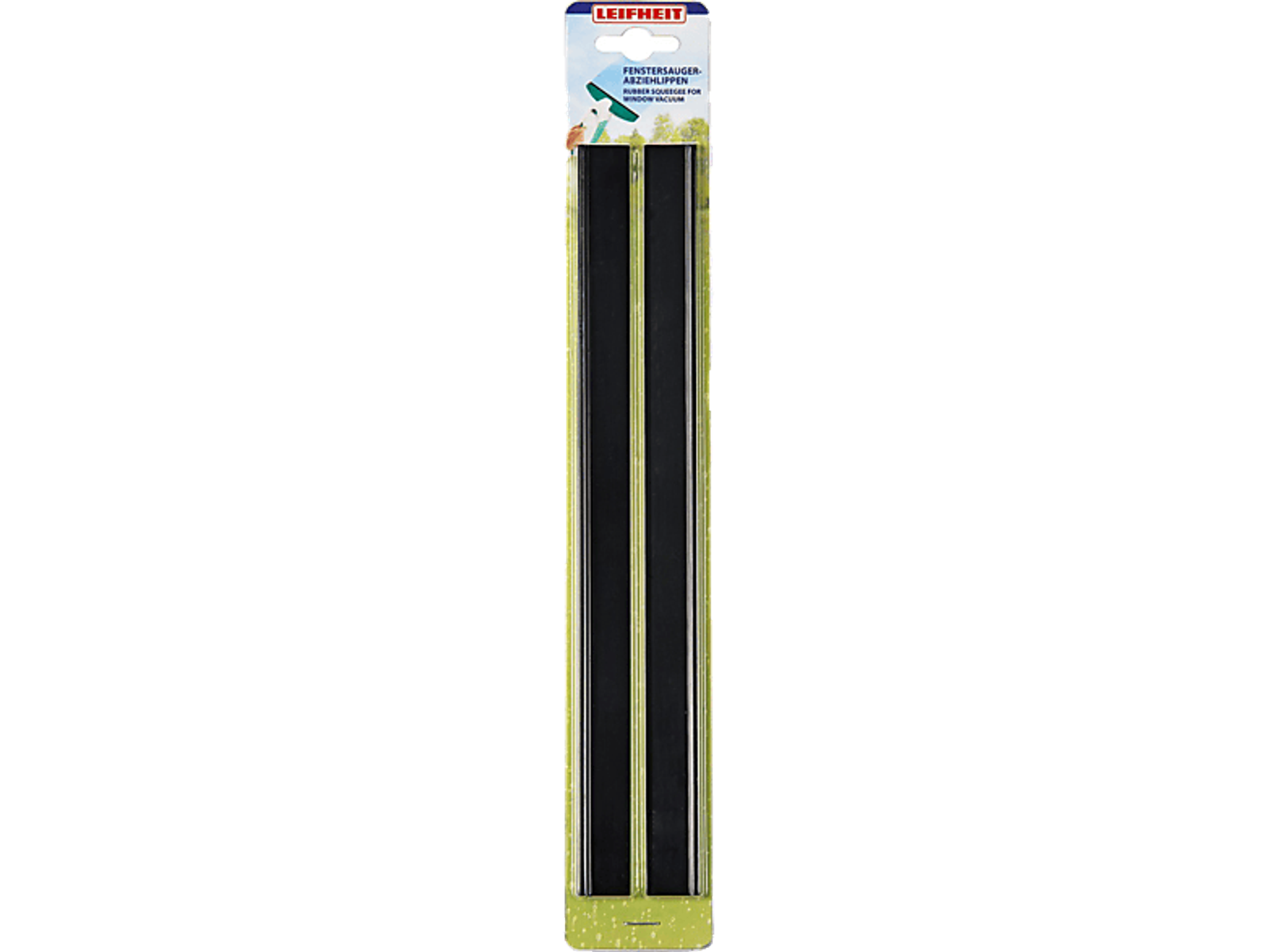 Eine Packung enthält zwei schwarze Gummilippen für Fenstersauger, mit Leifheit-Logo oben.