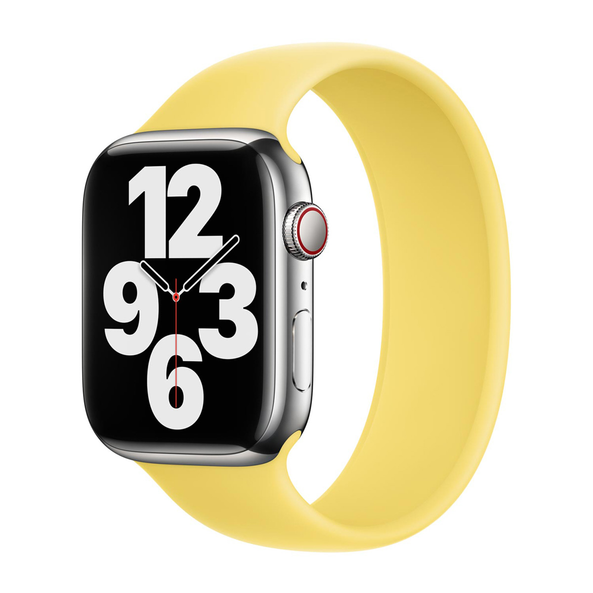 Apple Watch con cinturino giallo, che mostra l'ora. L'orologio ha una cassa argentata. L'ora visualizzata è 12:09:36.