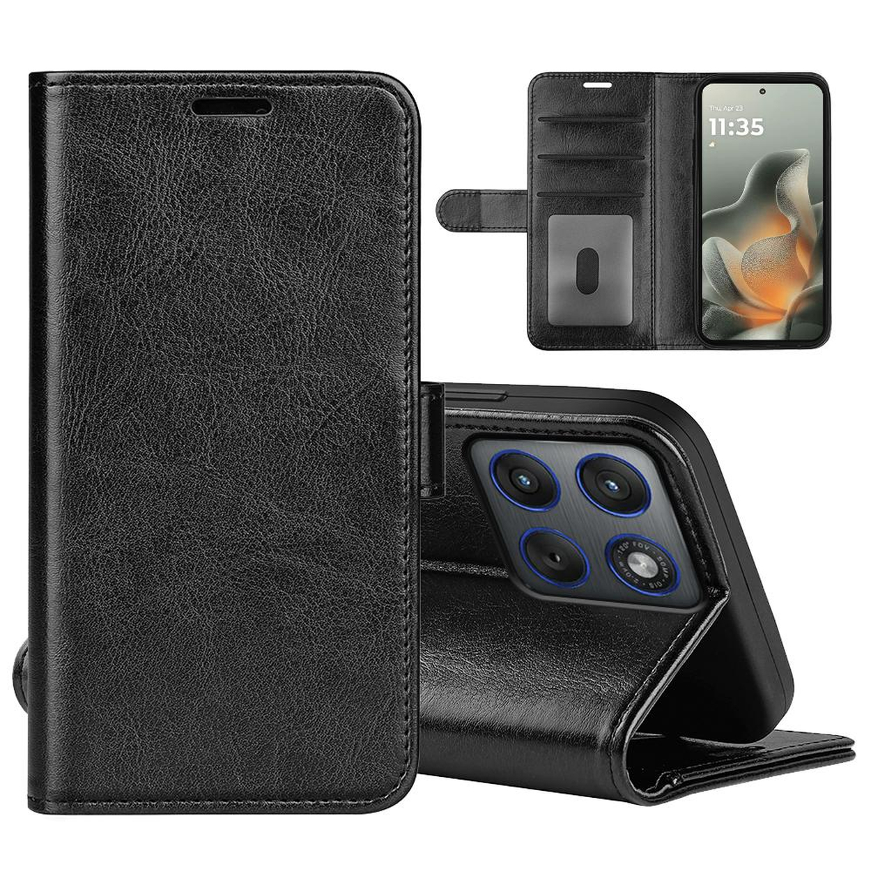 Zwarte leren telefoonhoes met telefoon erin. Hoesje open met telefoonscherm en cameralenzen.