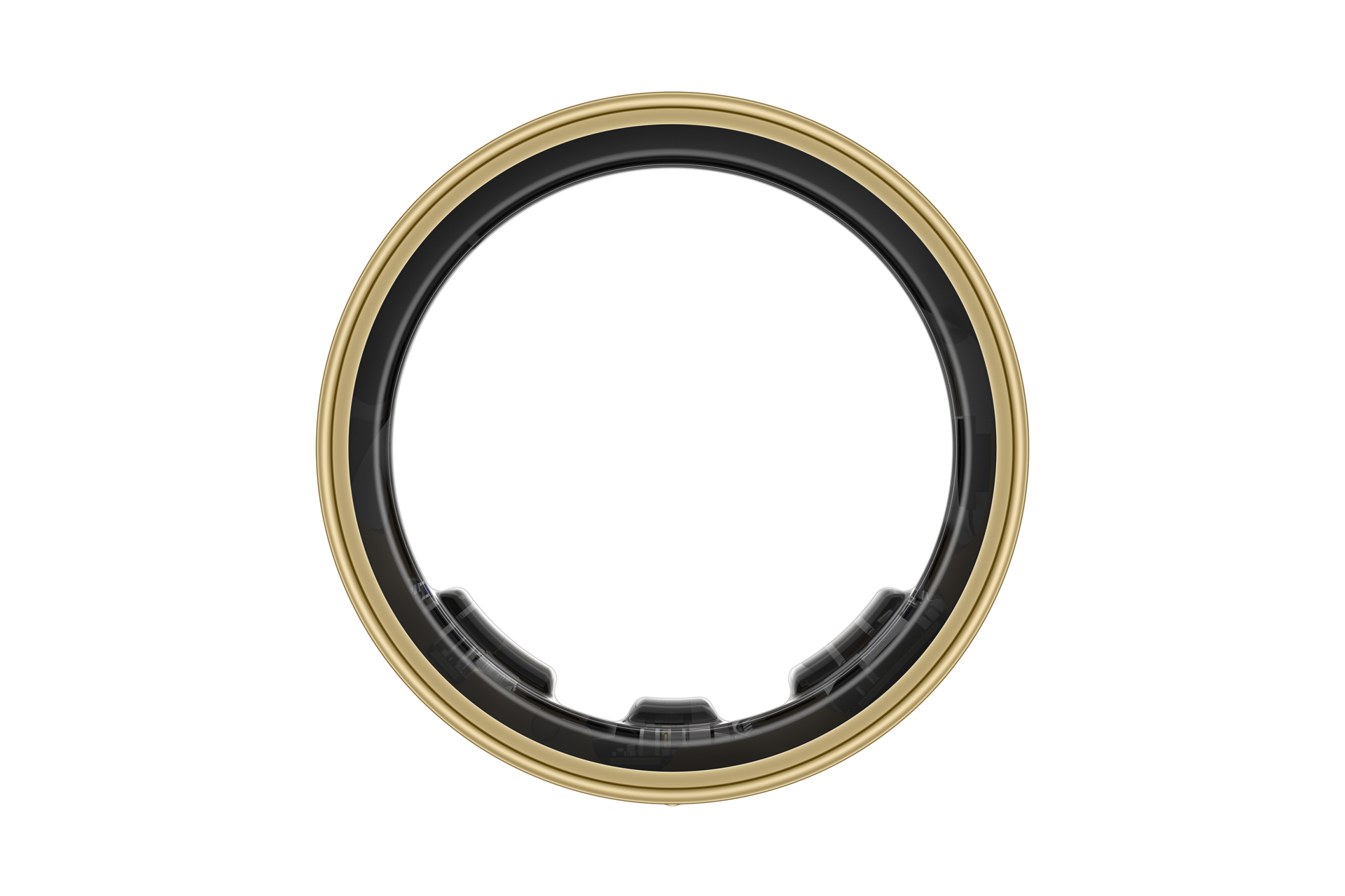 Un oggetto circolare con un anello esterno dorato e un anello interno nero. Il centro è trasparente. Lo sfondo è bianco.