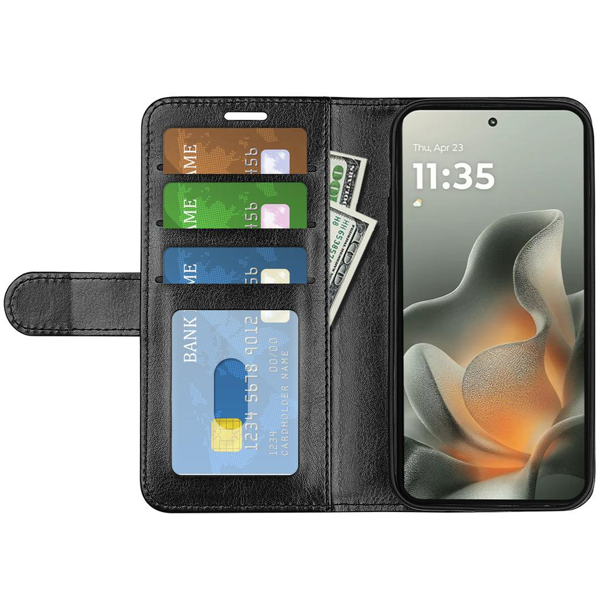 Zwarte portemonneehoes met telefoon. Binnenin zitten creditcards en contant geld. Telefoon toont tijd en een bloemenbehang.