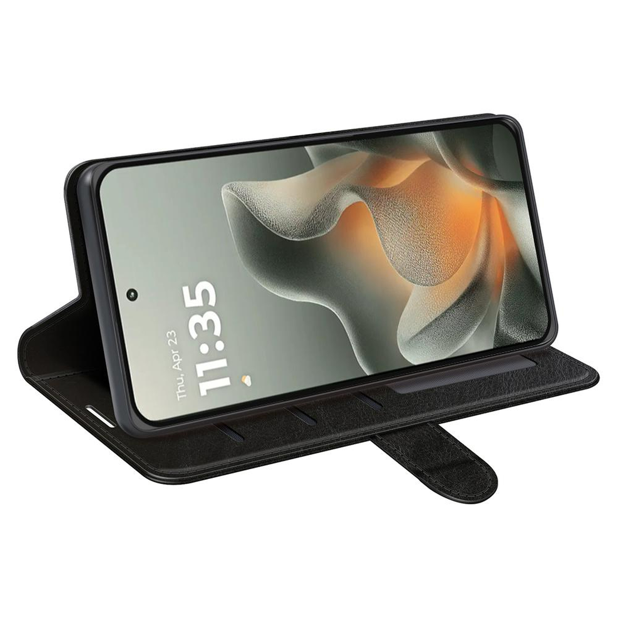 Een smartphone in een zwarte hoes is open. Het scherm toont een lichte achtergrond met de tijd 11:35.