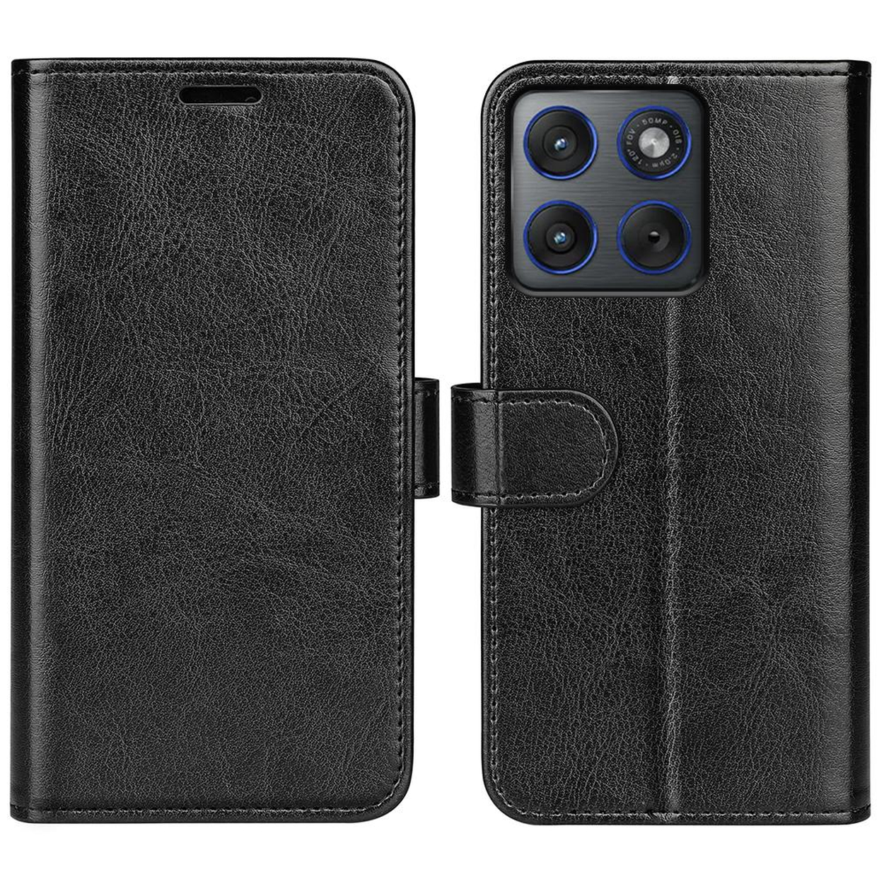 Zwarte leren telefoonhoes, open. De rechterkant heeft een cameramodule. De hoes wordt gesloten met een riem.