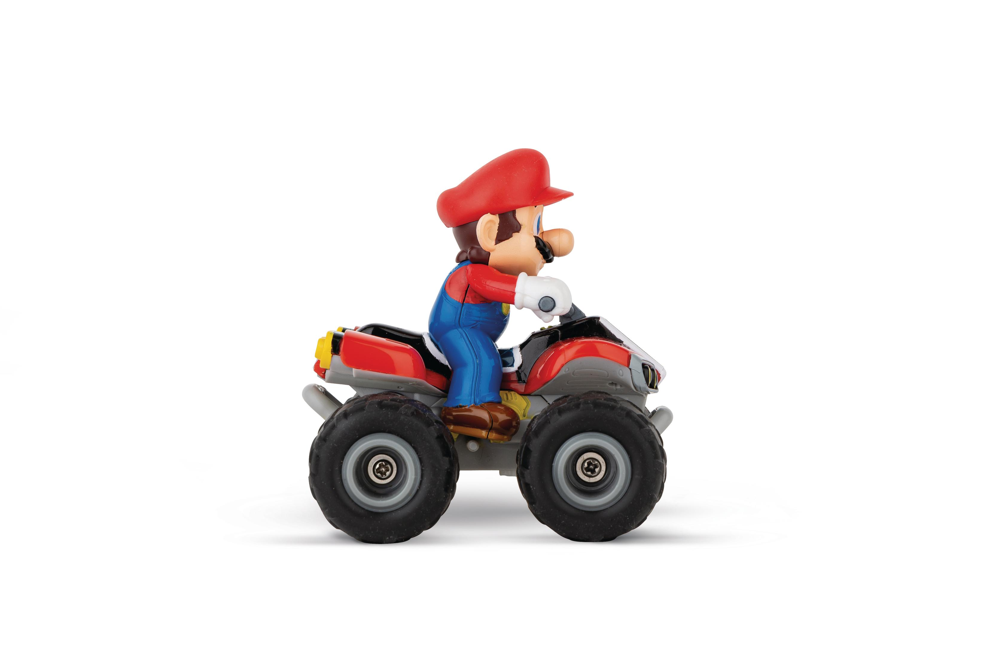 Figurine Mario avec chapeau rouge et salopette bleue conduisant un VTT rouge et gris sur fond blanc.