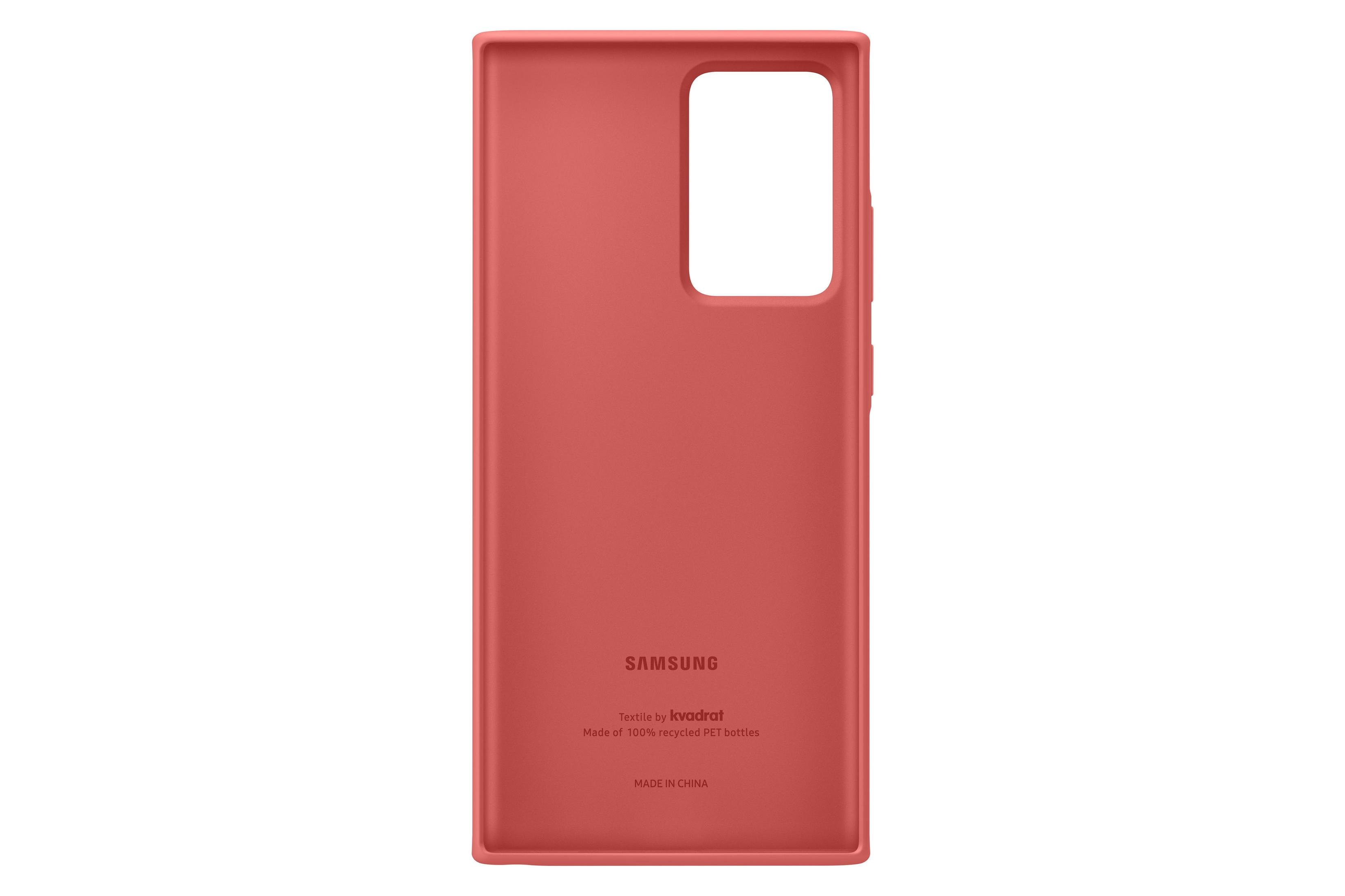 Rote Handyhülle mit Kameraausschnitt, Samsung-Logo und Text 'Textile by Kvadrat'.