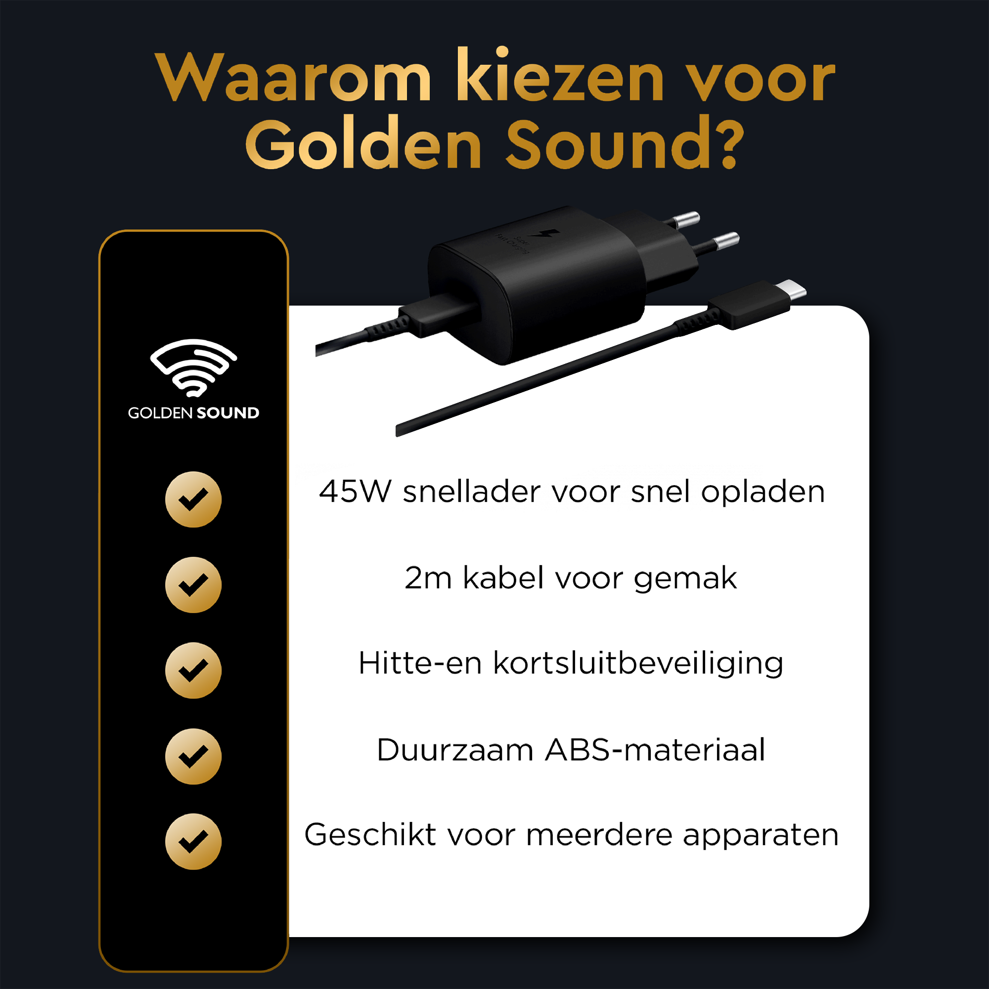 Afbeelding toont een zwarte oplader met een kabel, de tekst gaat over de Golden Sound oplader.