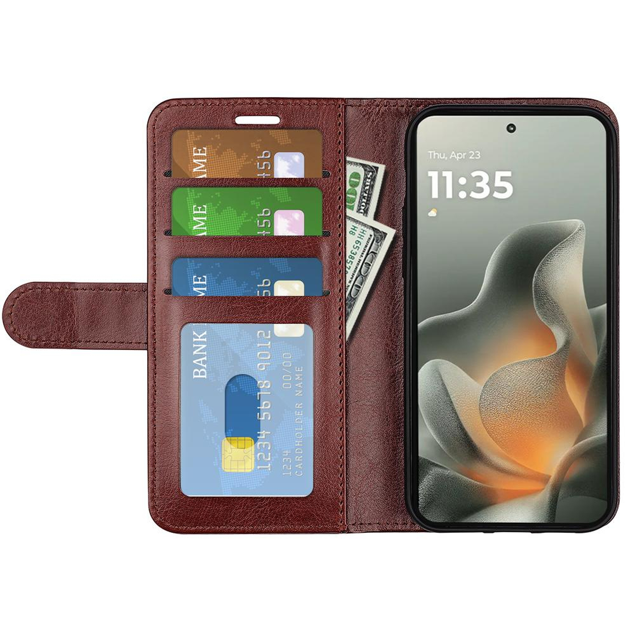 Bruine telefoonhoes met een telefoon en kaarten erin. De telefoon geeft de tijd weer. Contant geld is zichtbaar.