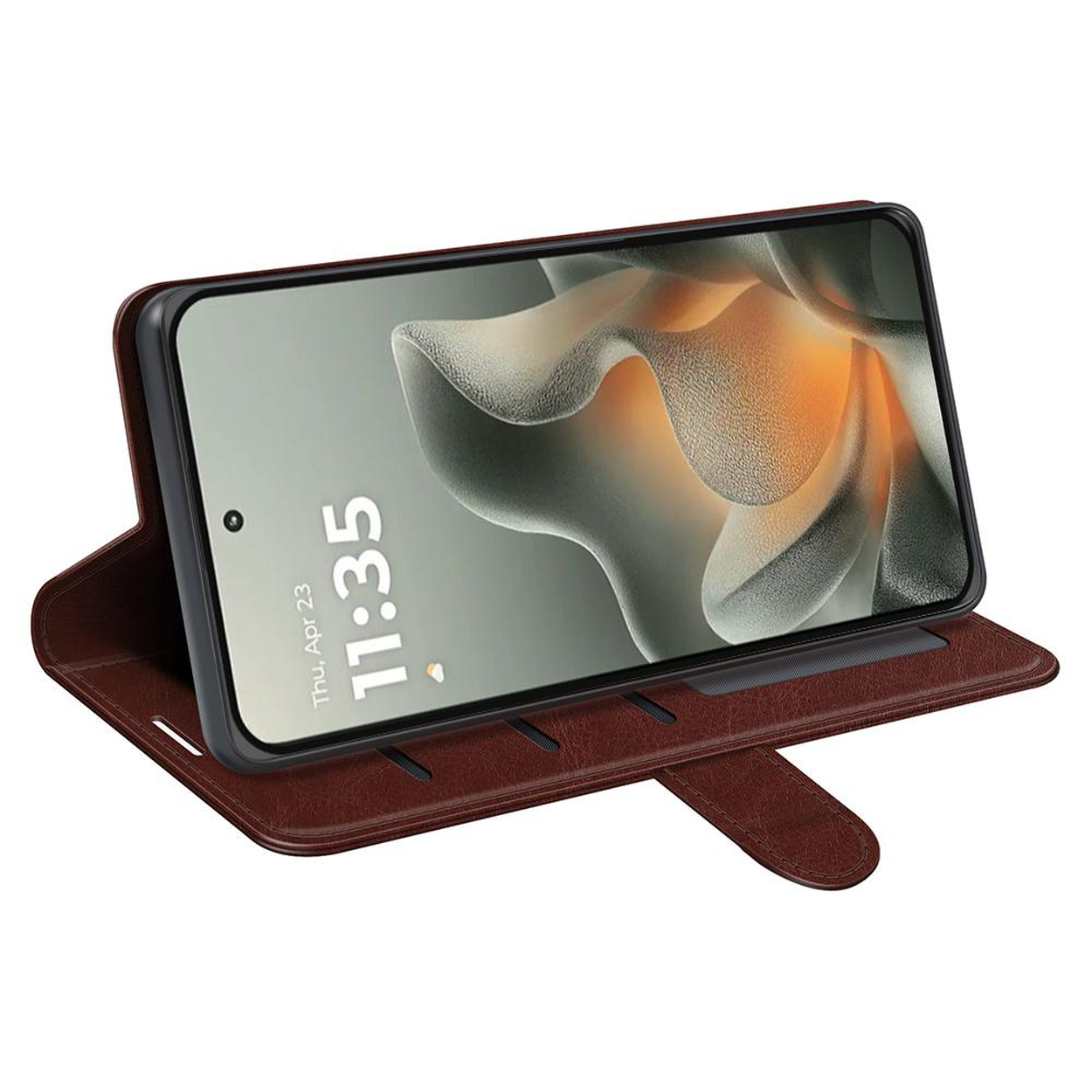 Een smartphone met een designscherm staat in een bruine leren hoes. De tijd is 11:35.