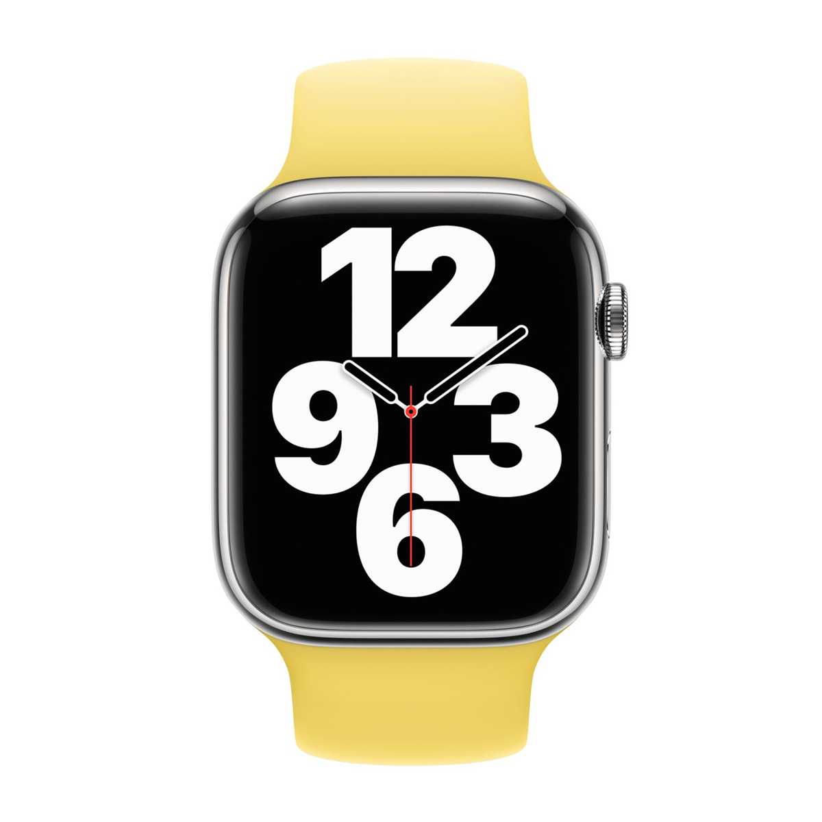 Apple Watch con cinturino giallo. Il quadrante mostra l'ora: 12, 3, 6 e 9. Lo sfondo è bianco.