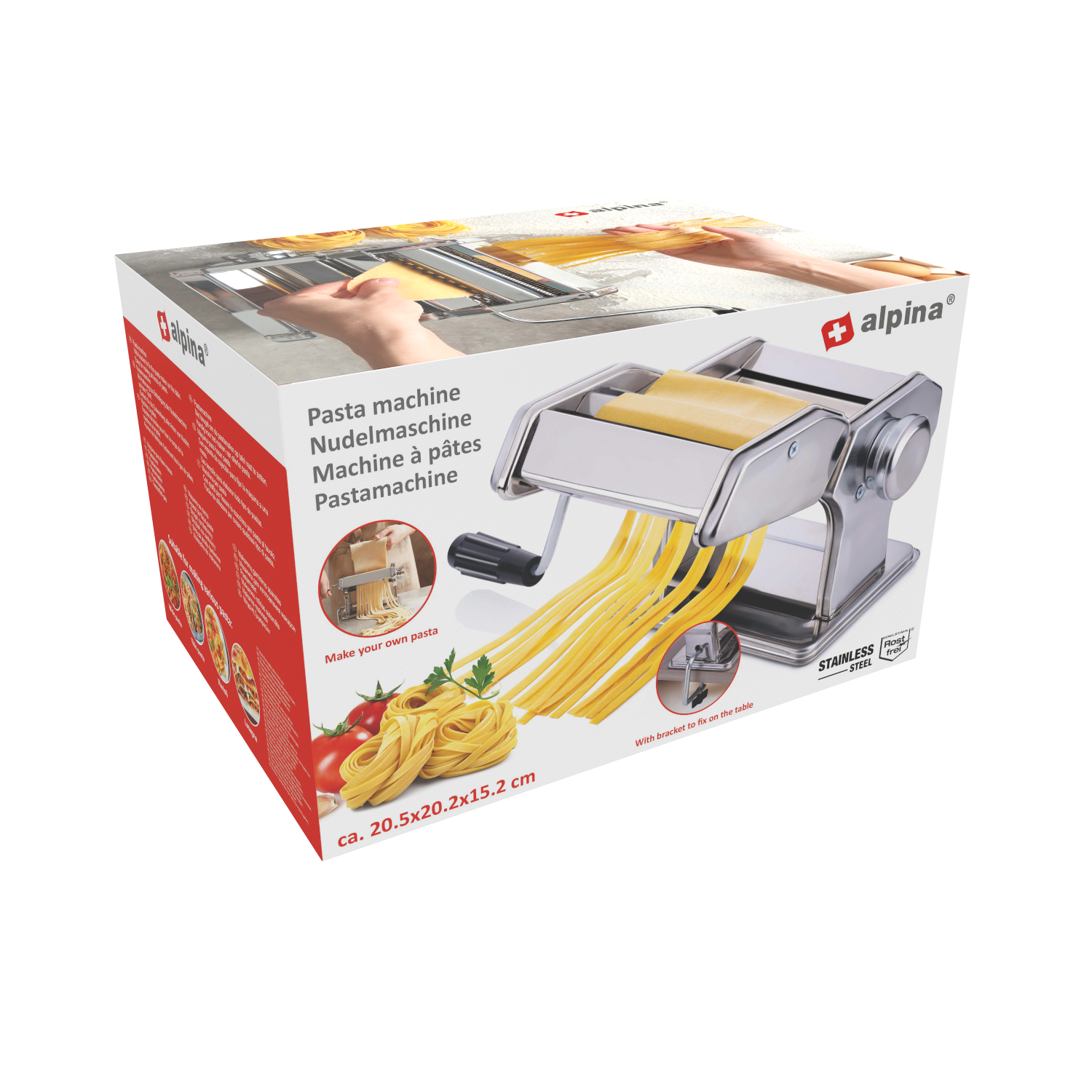 A pasta machine is on a box. It's stainless steel, and makes long yellow noodles. Box has text: pasta machine, alpina.
