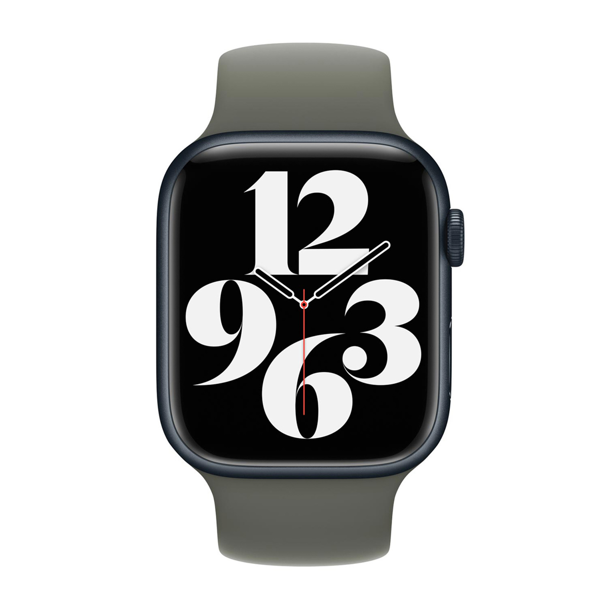 Un Apple Watch mostra l'ora con grandi numeri bianchi su uno schermo nero. Sono presenti un cinturino grigio e una cassa blu scuro.