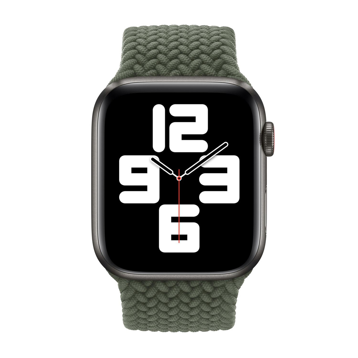 Apple Watch con cinturino intrecciato verde. Il quadrante è nero con numeri bianchi. Le lancette indicano le 9:16. L'orologio è centrato.
