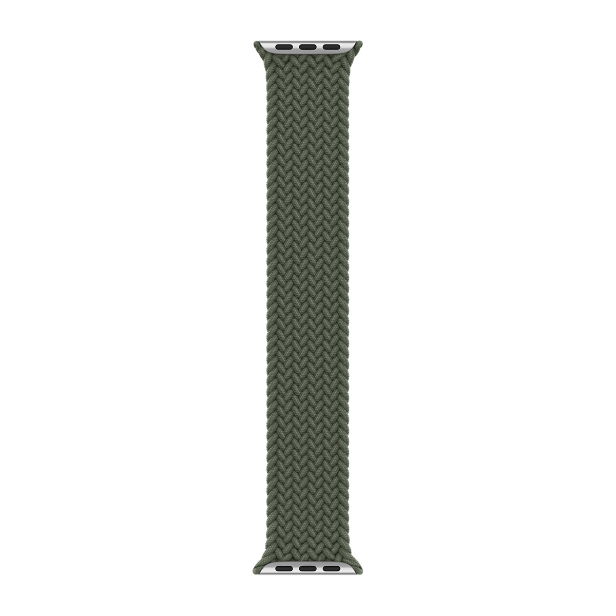 Un cinturino Apple Watch verde oliva, realizzato in materiale intrecciato. È centrato su uno sfondo bianco. Il cinturino ha connettori metallici a entrambe le estremità.