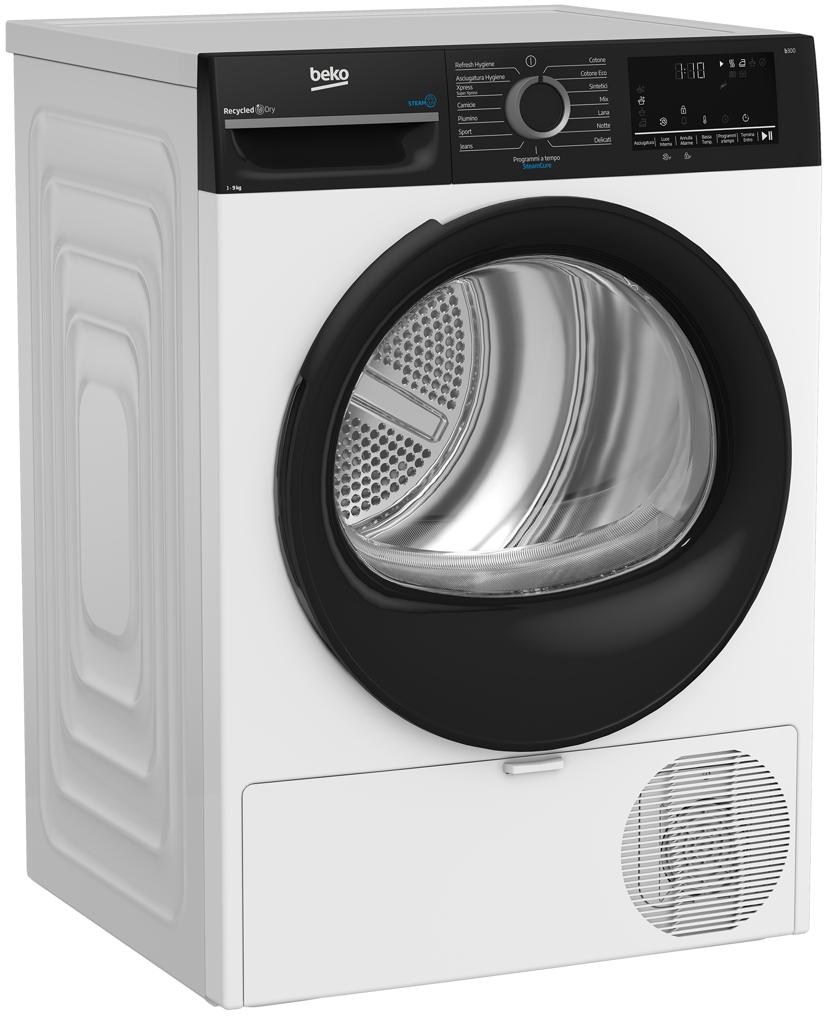 Un'asciugatrice Beko bianca con porta e pannello di controllo neri. La porta è rotonda, con finestra in vetro.