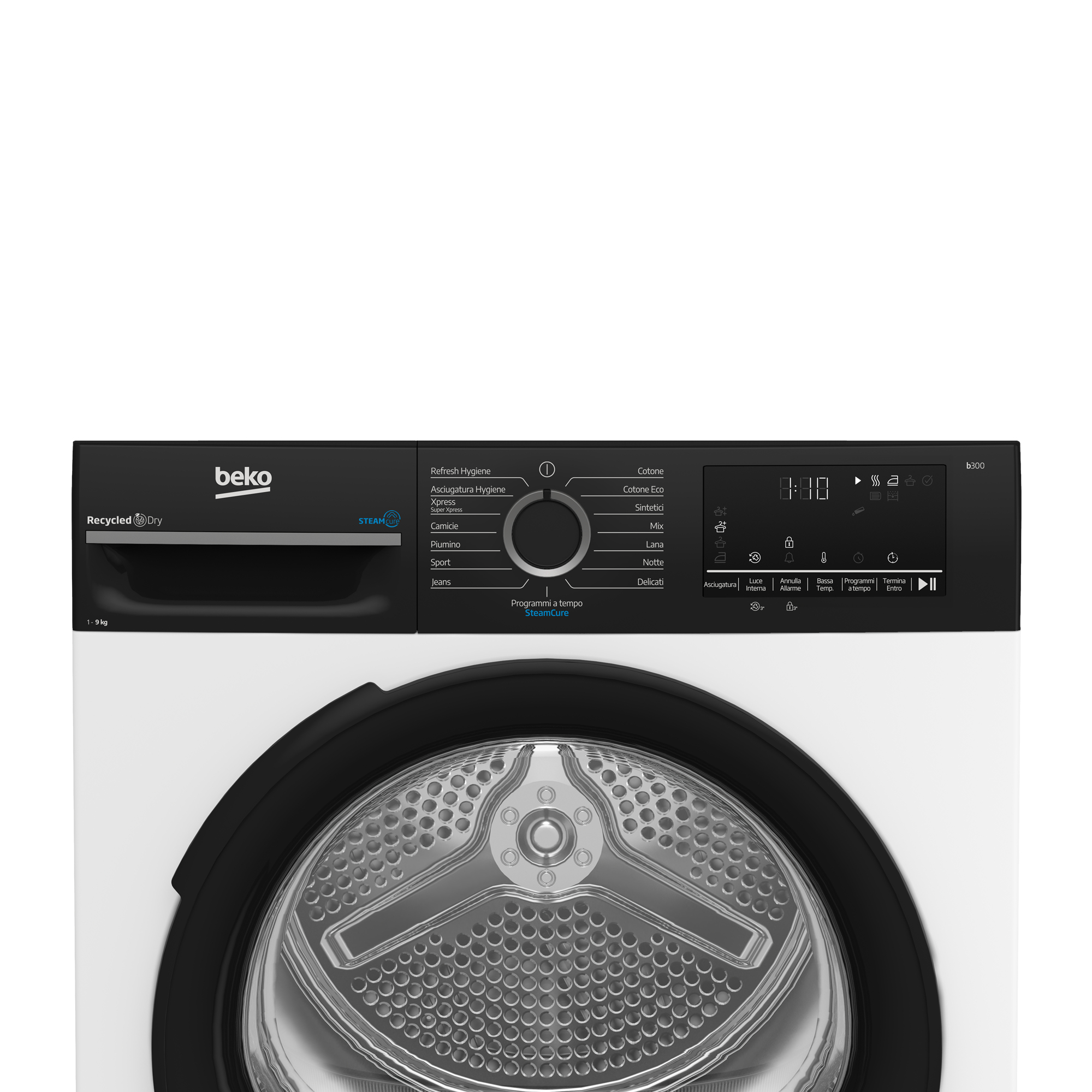 Un'asciugatrice Beko con pannello di controllo nero e corpo bianco. Ha varie impostazioni e un display digitale.