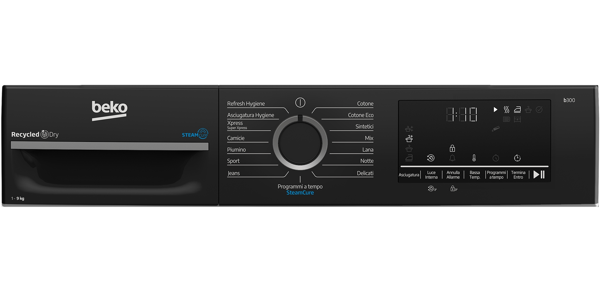 Un'asciugatrice Beko nera, con varie opzioni di programma e un display digitale. L'asciugatrice ha un'opzione Steam Cure.