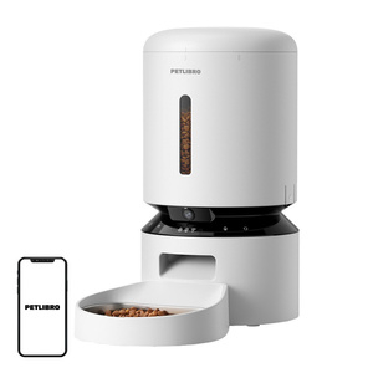 Biało-czarny automatyczny karmnik dla zwierząt PETLIBRO ze smartfonem z logo i miską z jedzeniem dla zwierząt.