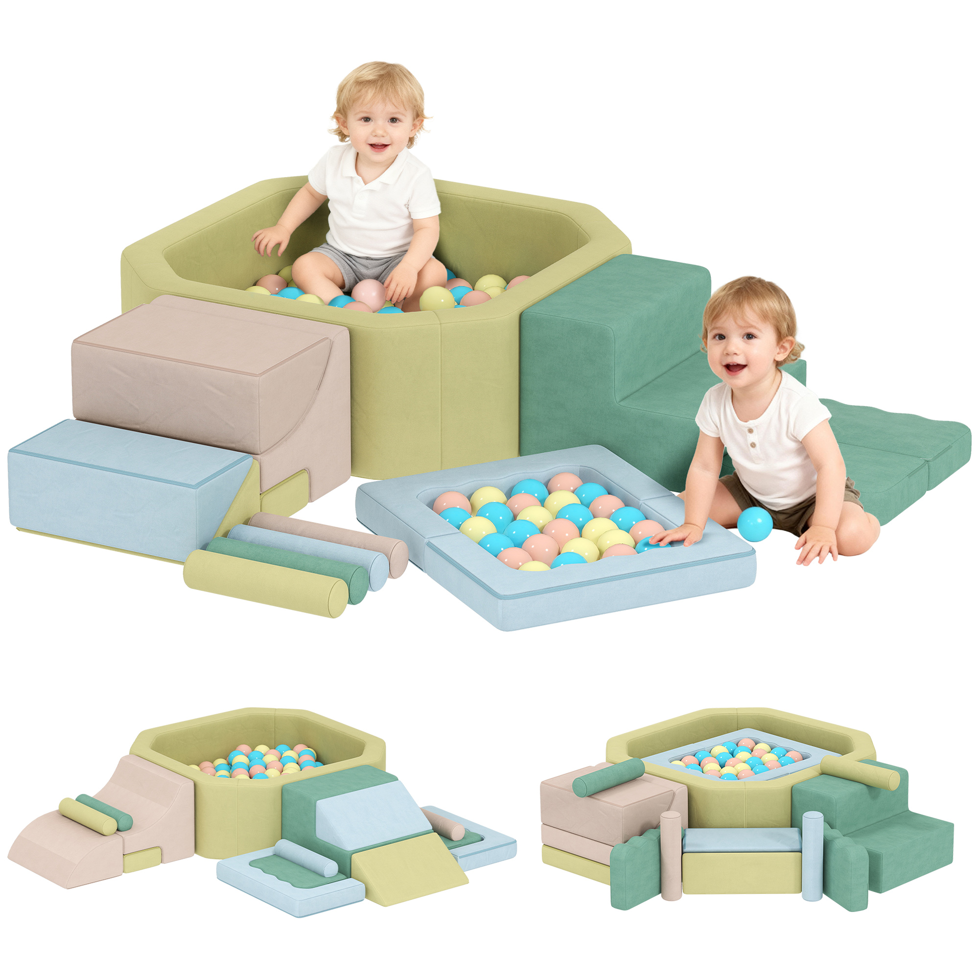 Due bambini piccoli giocano in un'area giochi morbida con piscine di palline e blocchi colorati. L'area ha vari colori pastello.
