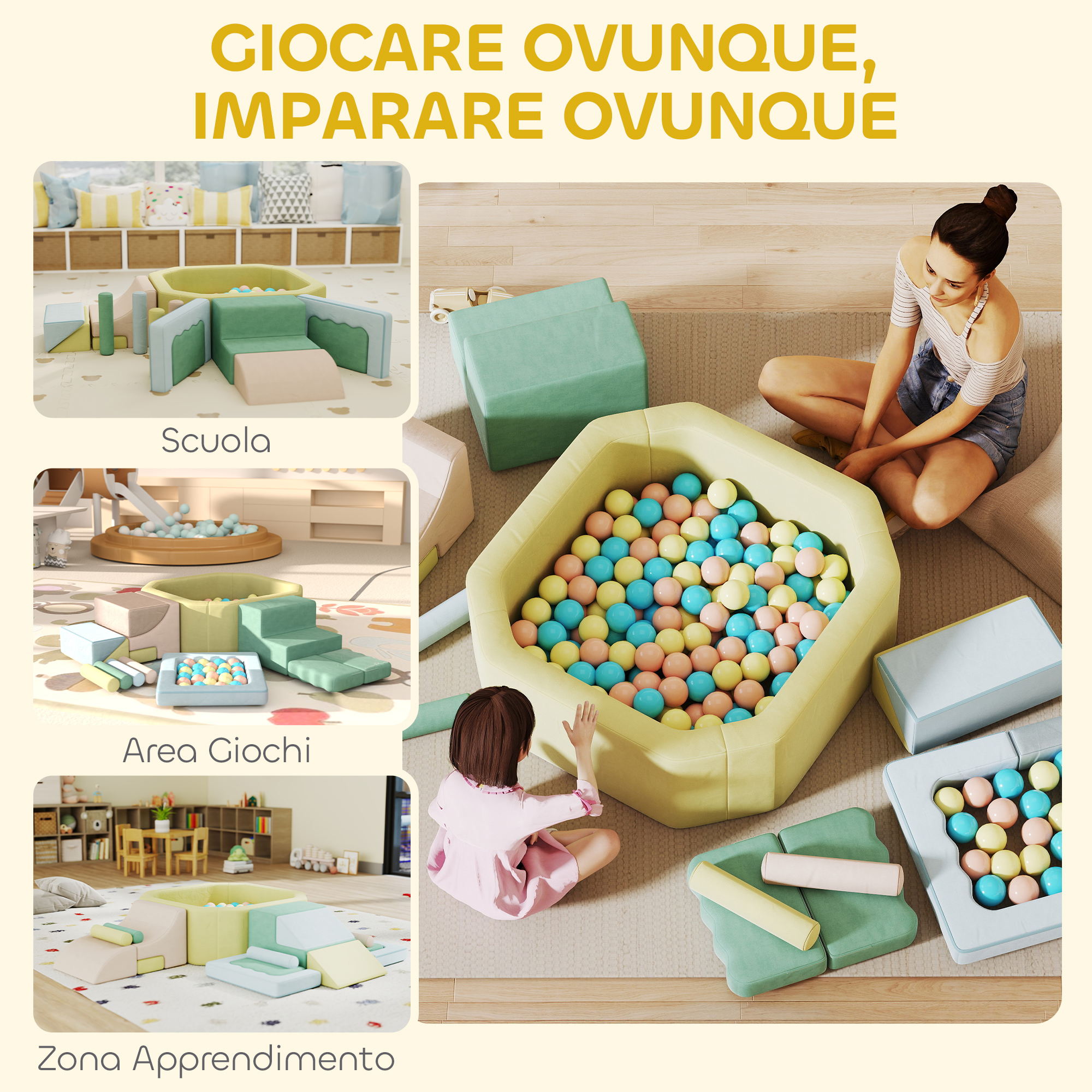 Una donna e una bambina sono vicino a una piscina di palline. L'immagine mostra aree gioco con blocchi e piscine di palline colorate.
