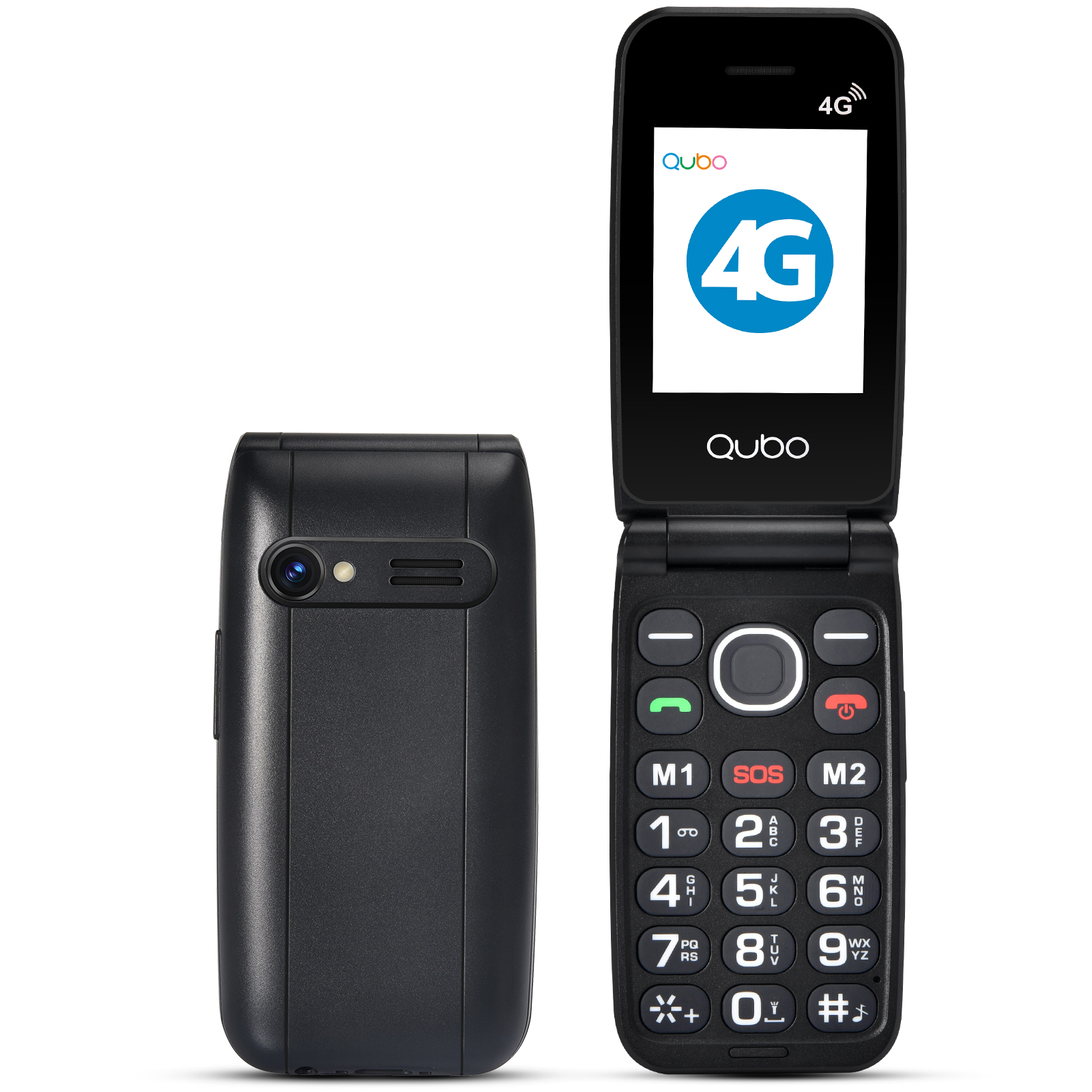 Telefono a conchiglia nero con schermo aperto che mostra il logo '4G'. Un altro telefono chiuso è a sinistra.