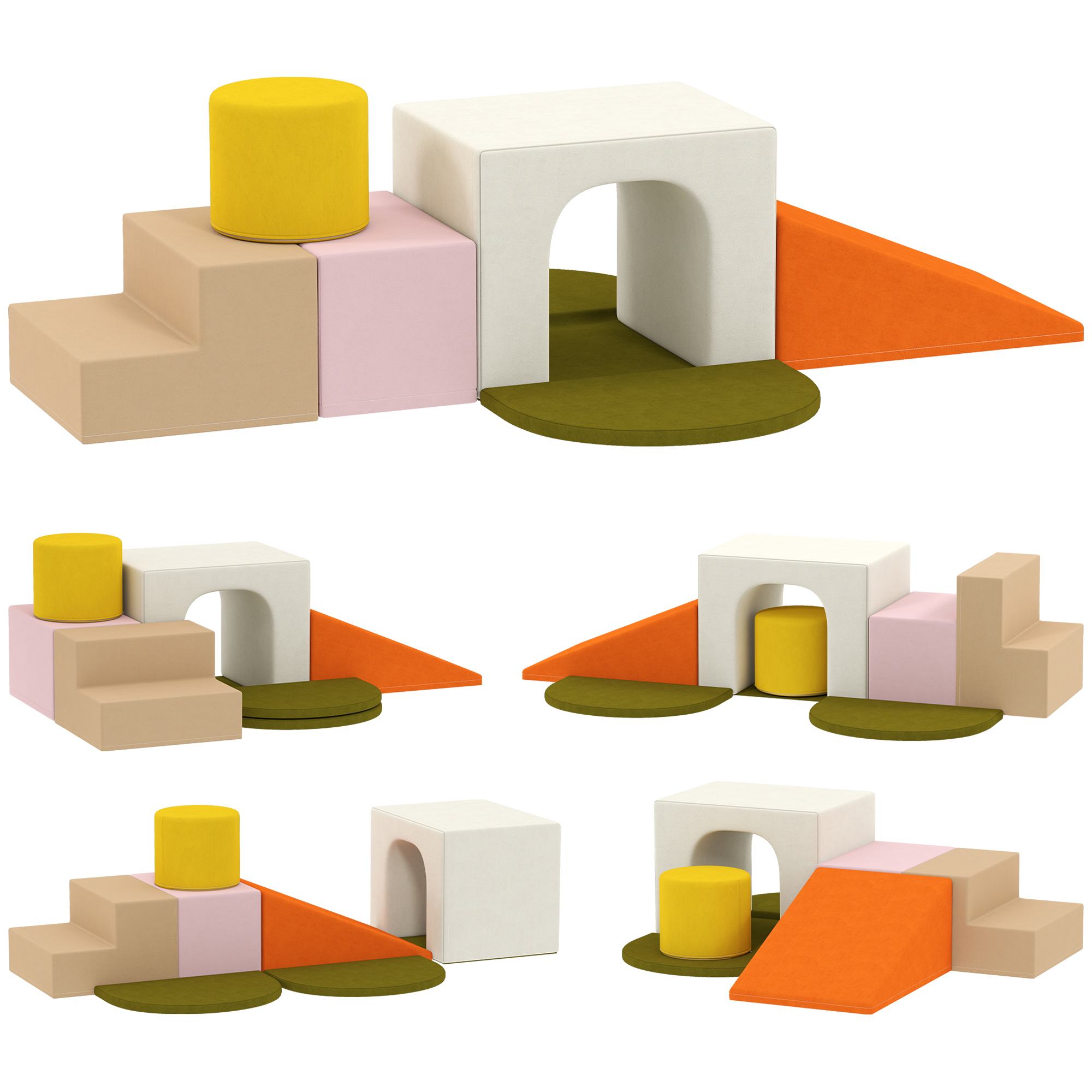 Una struttura di gioco colorata con gradini, rampe e un tunnel. Colori: giallo, rosa, beige, arancione e verde.